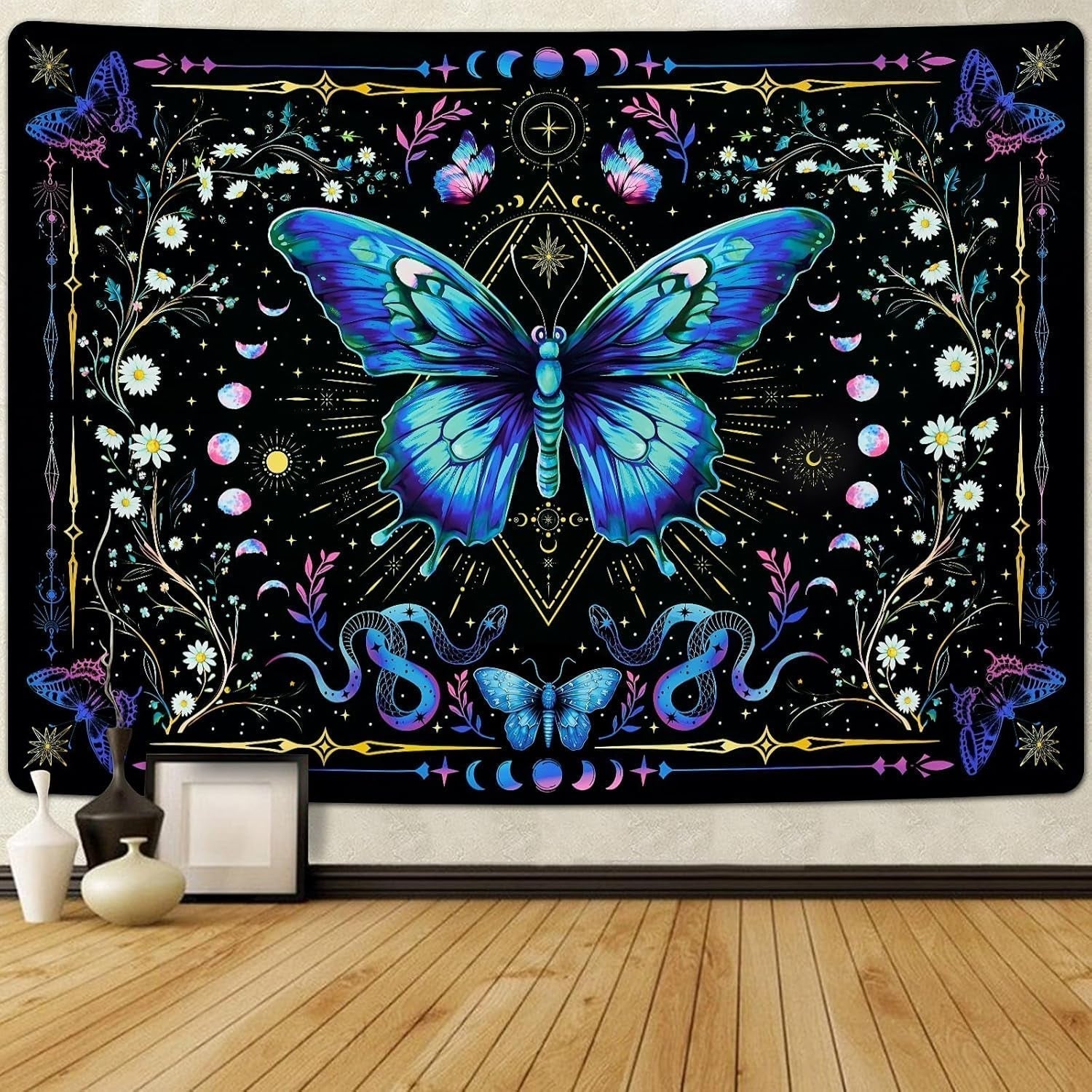 Arazzo alishomtll farfalla fasi lunari floreale margherita nero Home - Accessori e Decorazioni Naty Shop Multi 210L X 150B Cm
