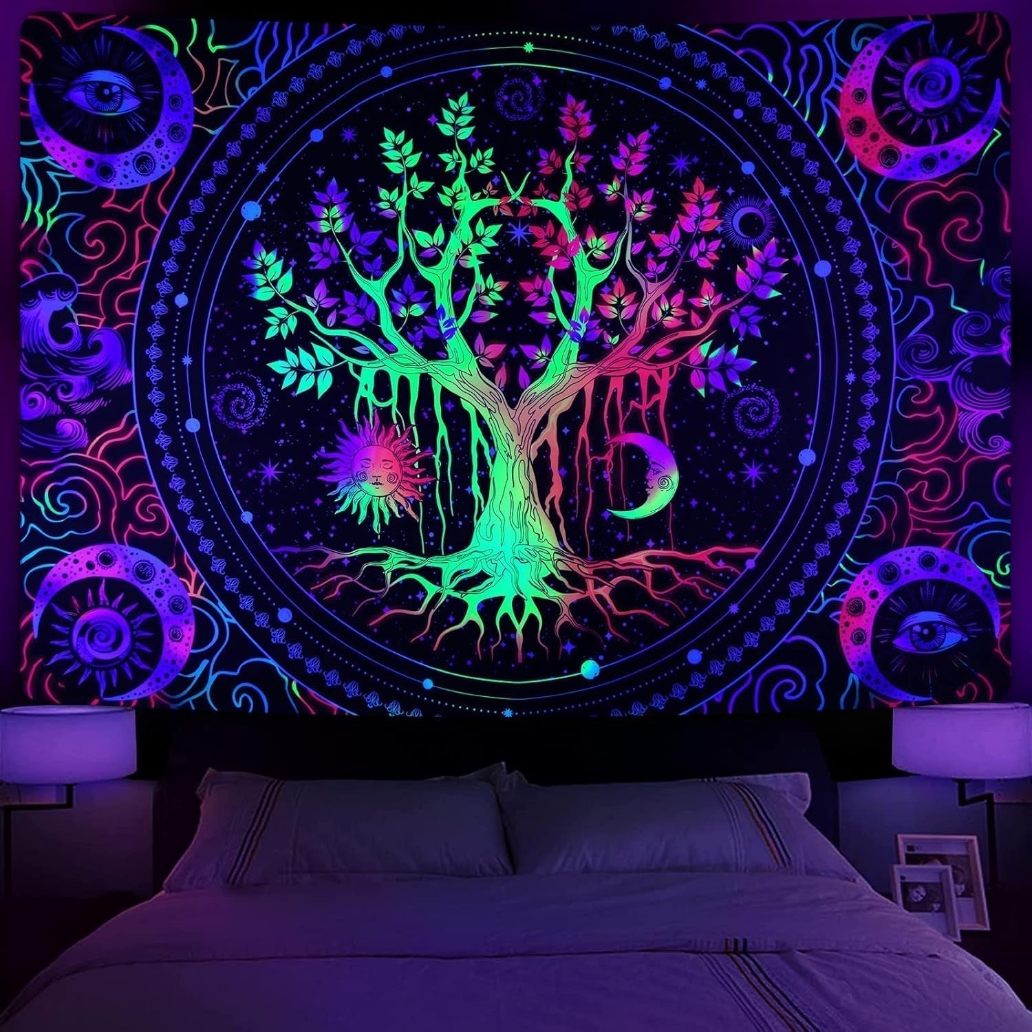 Arazzo alishomtll albero della vita fluorescente sole e luna Casa - Accessori e Decorazioni Naty Shop Multi 210L X 150B Cm