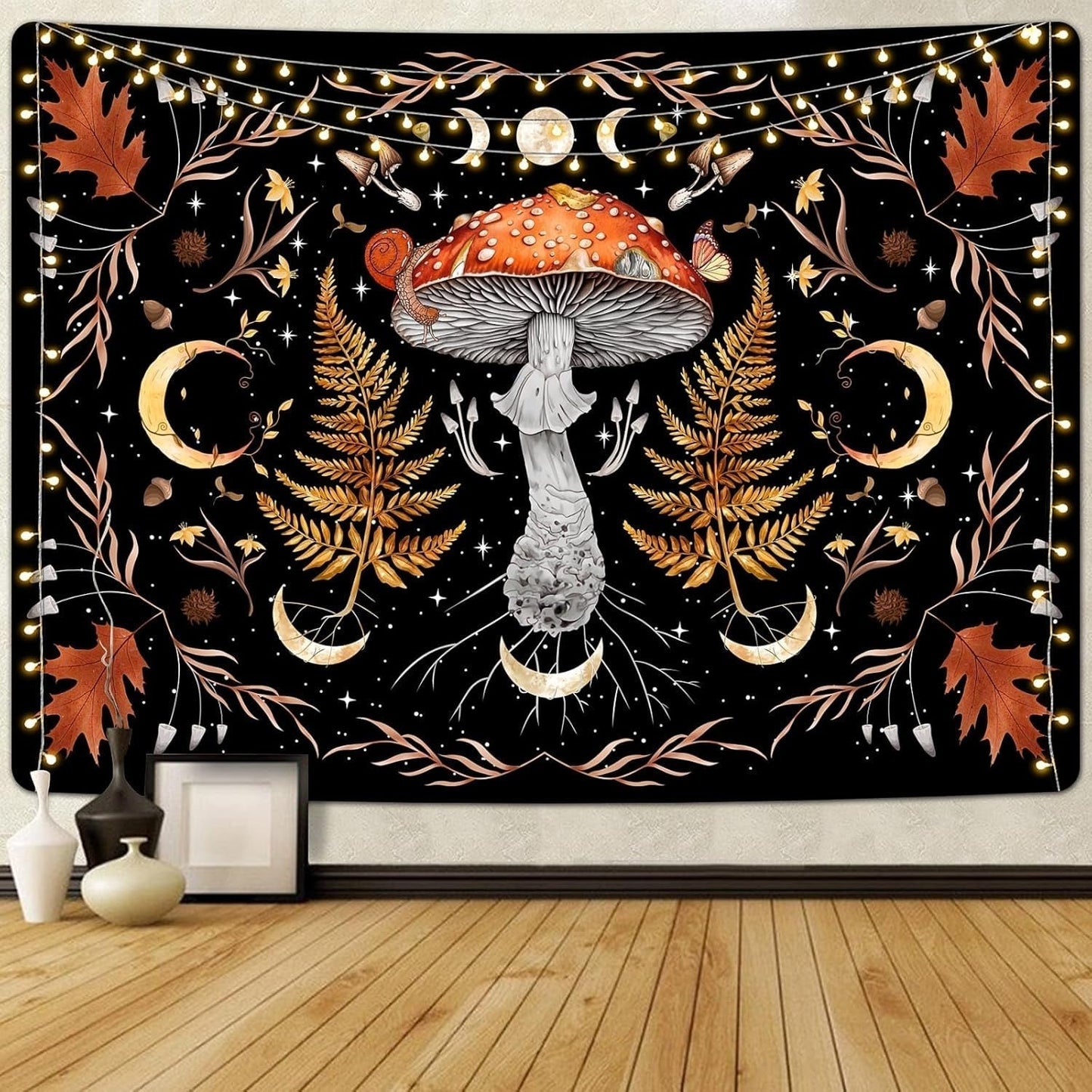 Arazzo alishomtll vintage fungo luna foglia d'acero botanico Home - Accessori e decorazioni Naty Shop Multi 150L X 130B Cm