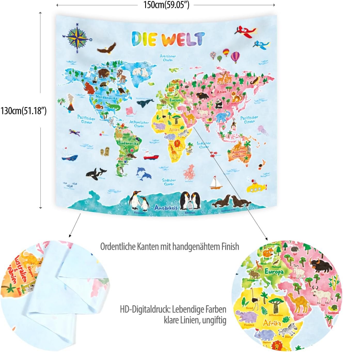 Arazzo Bashom Mappa del mondo degli animali tedesco per bambini Home - Accessori e Decorazioni Naty Shop