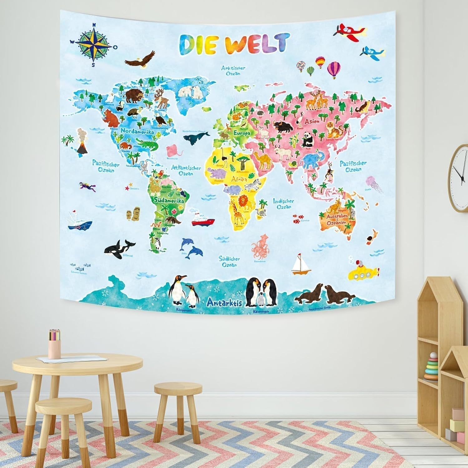 Arazzo Bashom Mappa del mondo degli animali tedesco per bambini Home - Accessori e Decorazioni Naty Shop