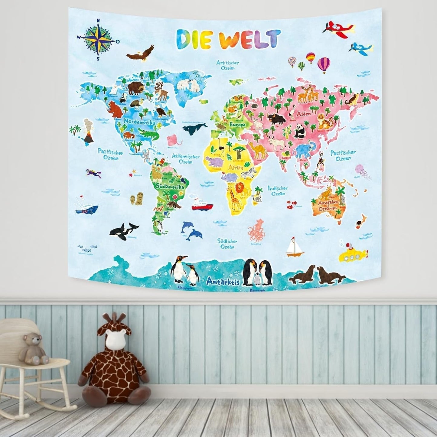 Arazzo Bashom Mappa del mondo degli animali tedesco per bambini Home - Accessori e Decorazioni Naty Shop