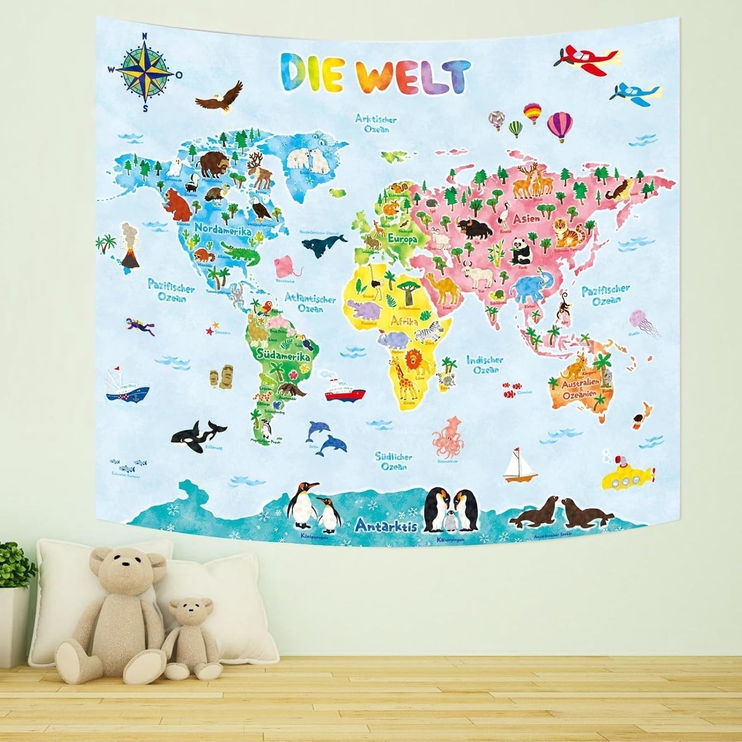 Arazzo Bashom Mappa del mondo degli animali tedesco per bambini Home - Accessori e Decorazioni Naty Shop