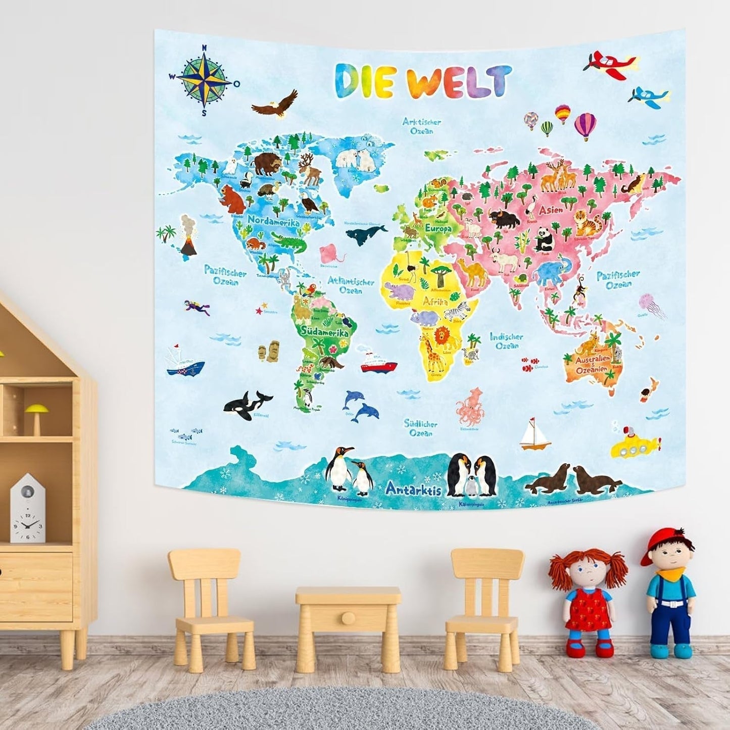 Arazzo Bashom Mappa del mondo degli animali tedesco per bambini Home - Accessori e Decorazioni Naty Shop Tp-007