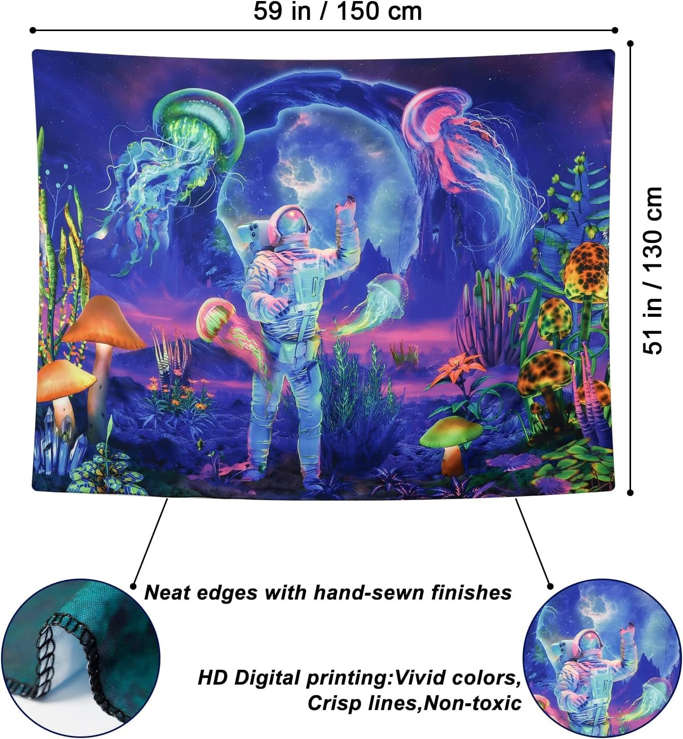 Arazzo betylfoy luce nera astronauta piante reattive meduse Home - Accessori e Decorazioni Naty Shop
