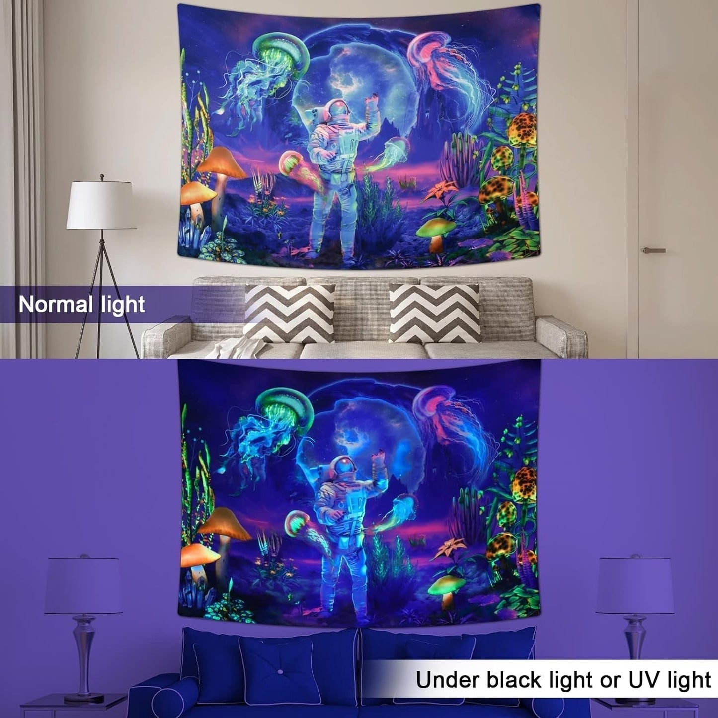 Arazzo betylfoy luce nera astronauta piante reattive meduse Home - Accessori e Decorazioni Naty Shop