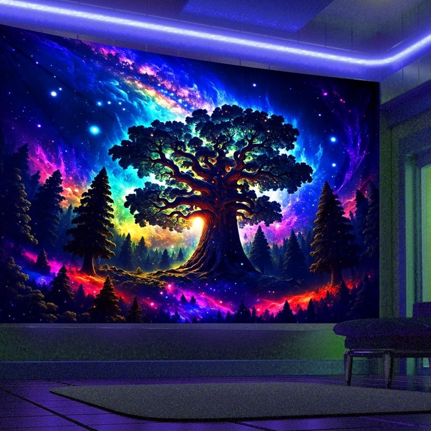 Arazzo luce nera foresta natura psichedelica albero stelle galassia Home - Accessori e Decorazioni Naty Shop 200L X 150B Cm