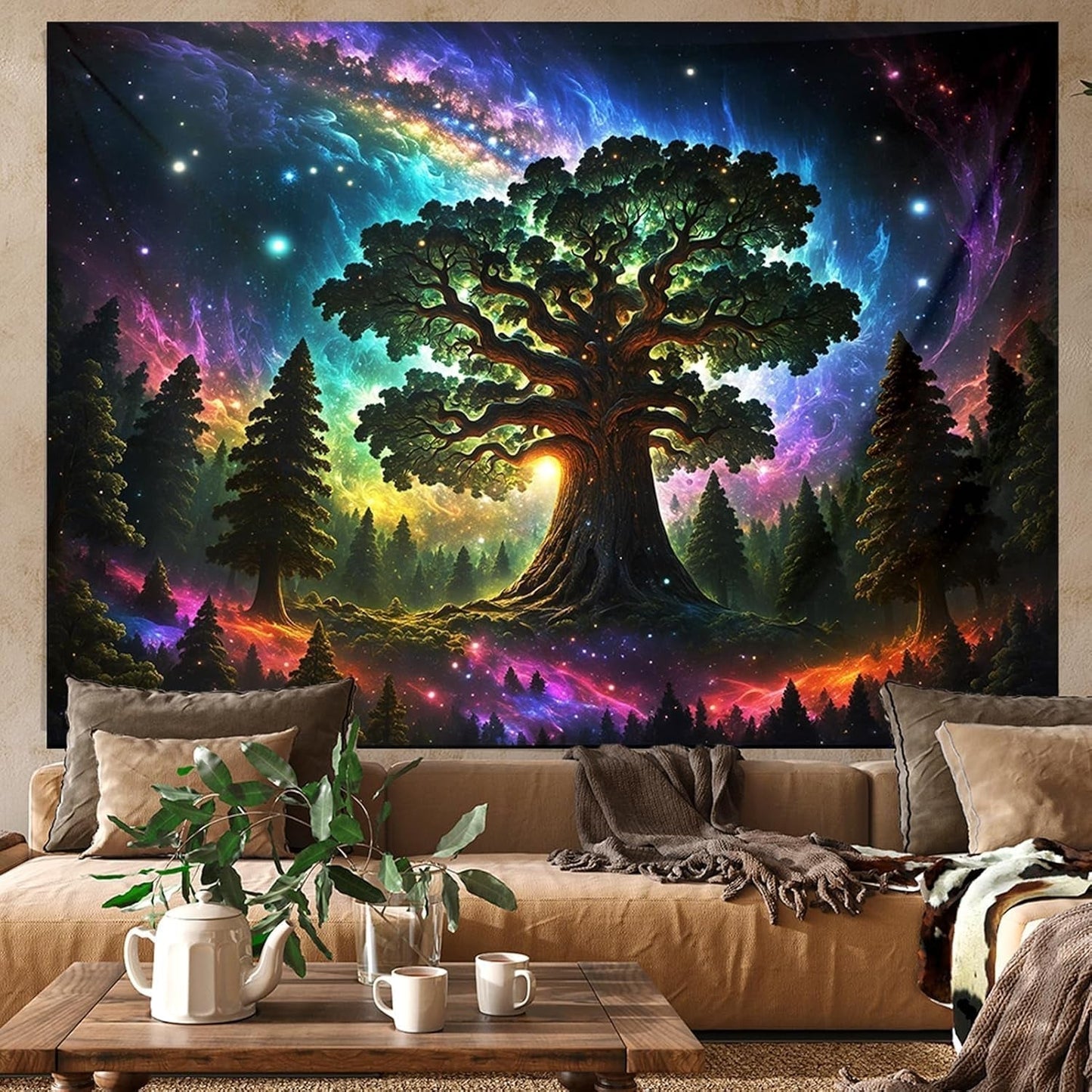 Arazzo luce nera foresta natura psichedelica albero stelle galassia Home - Accessori e Decorazioni Naty Shop 300L X 180B Cm