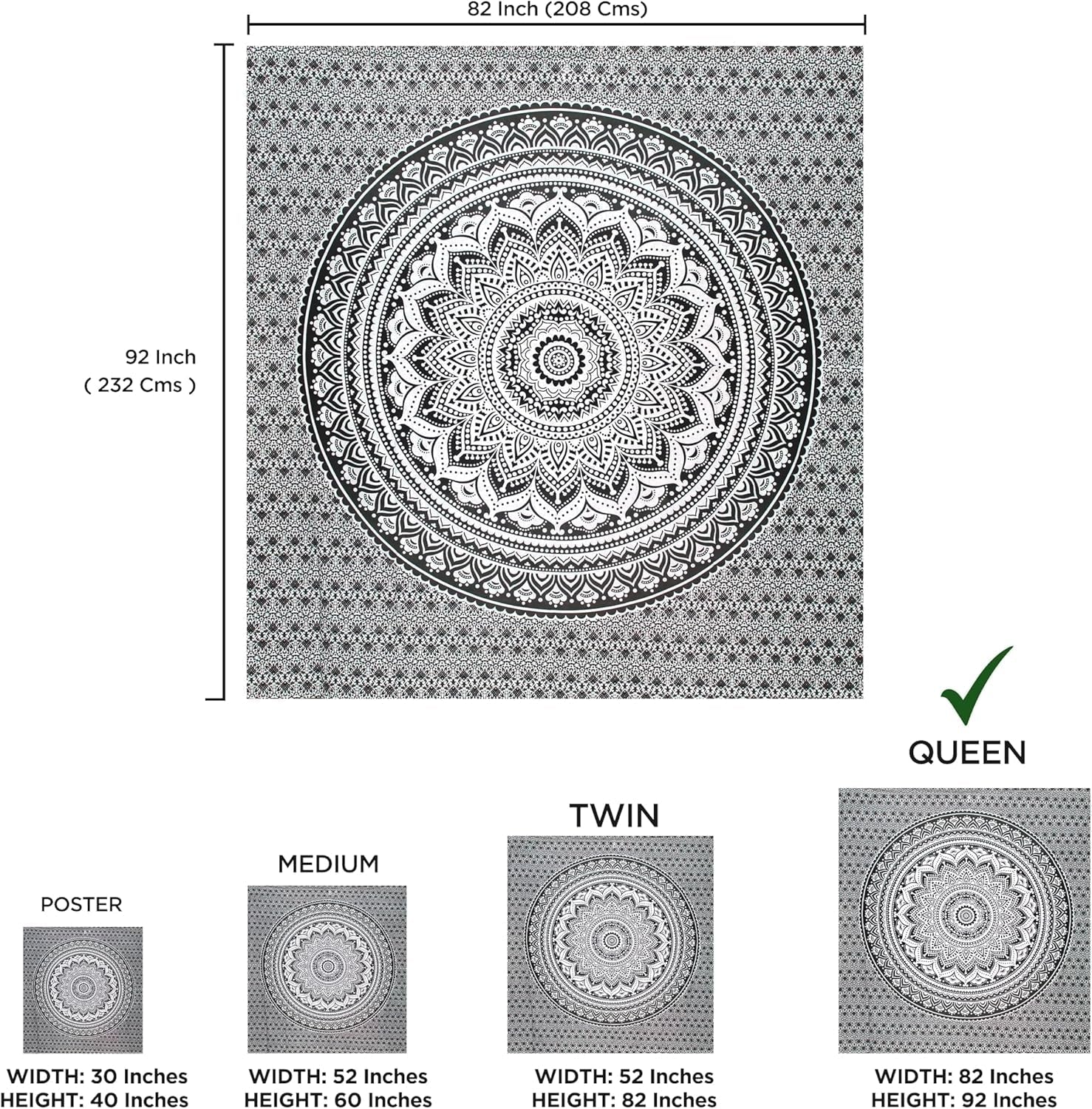 Arazzo indiano mandala psichedelico nero bianco India Home - Accessori e decorazioni Naty Shop