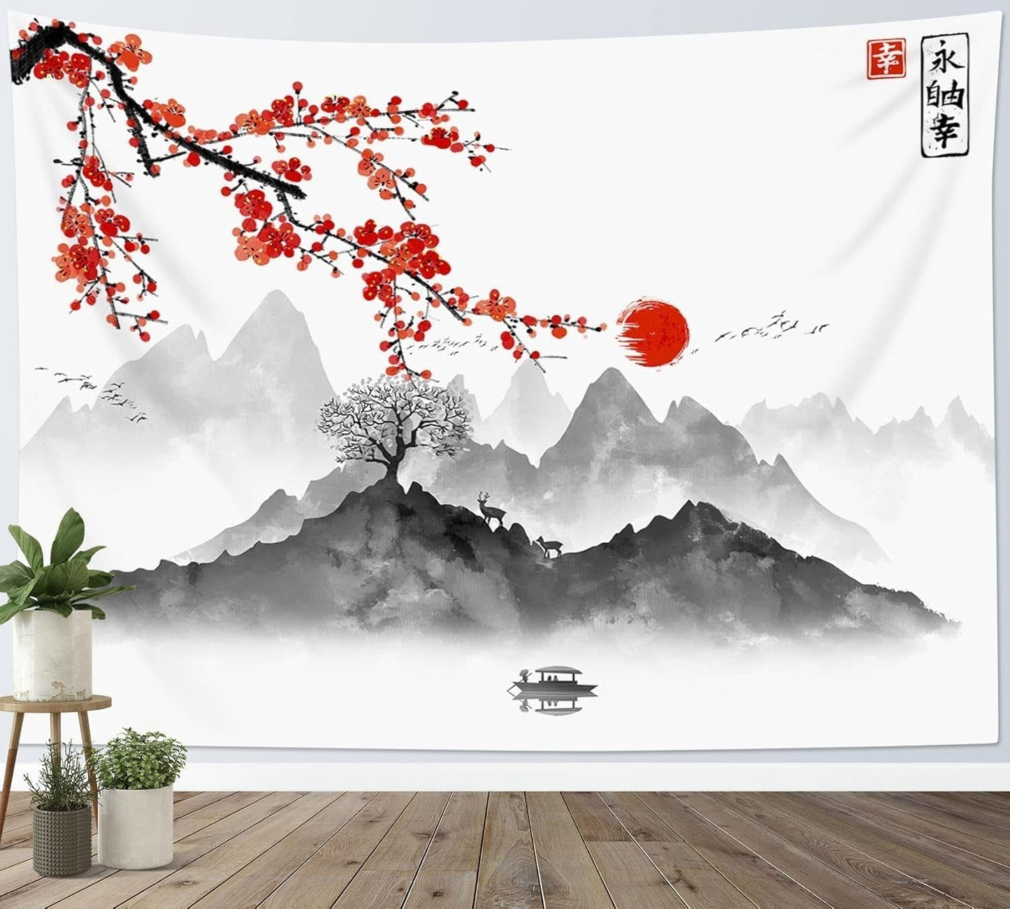Arazzo giapponese panza rosso fiori di ciliegio sole muro Casa - Accessori e decorazioni Naty Shop Multi 01 200L X 150B Cm