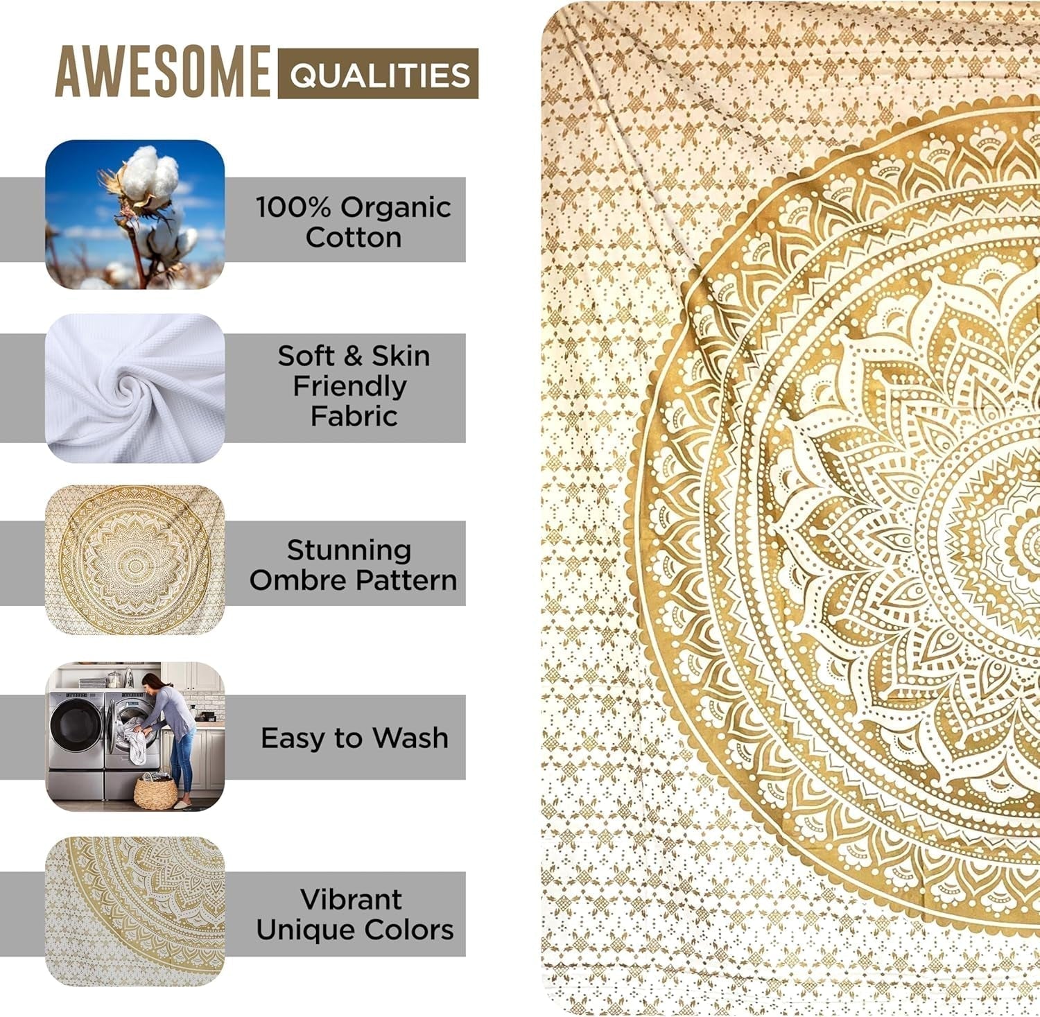 Arazzo Mandala decorazione della stanza estetica oro bianco tela Casa - Accessori e Decorazioni Naty Shop