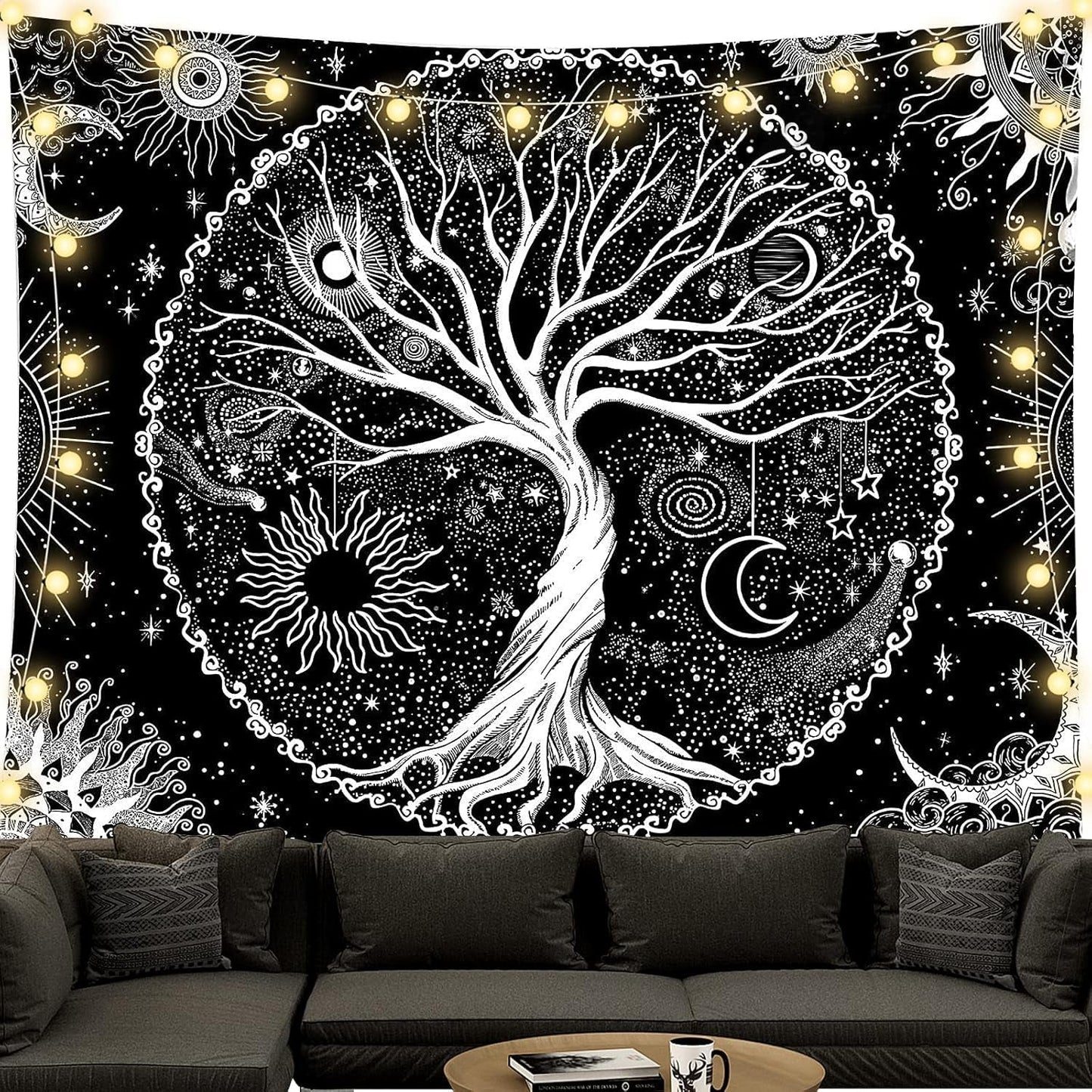Arazzo albero della vita in bianco e nero arazzo fasi lunari Home - Accessori e Decorazioni Naty Shop Albero della vita 200L X 150B Cm