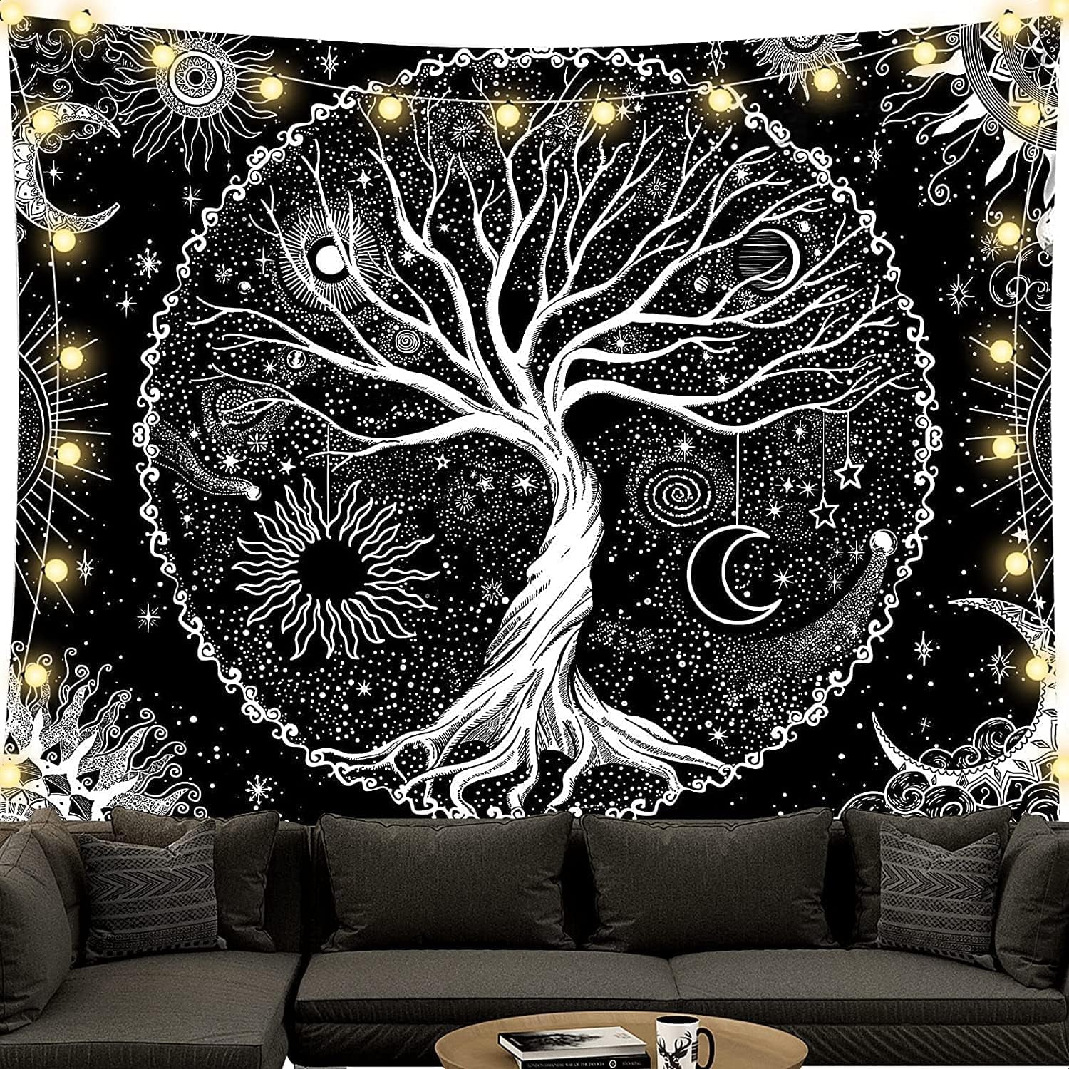 Arazzo albero della vita in bianco e nero arazzo fasi lunari Home - Accessori e Decorazioni Naty Shop Albero della vita 150L X 130B Cm