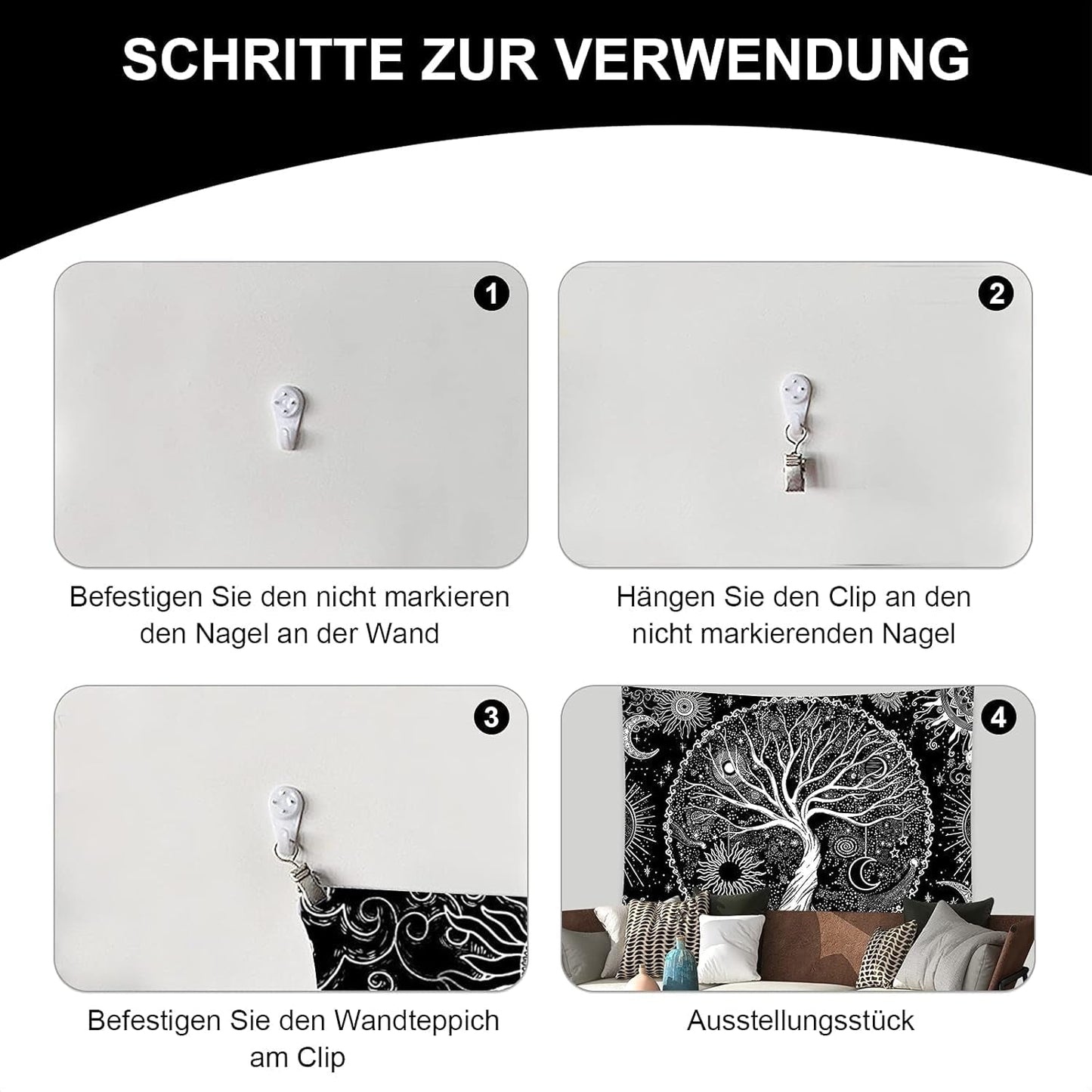 Arazzo nero bianco albero vita arazzo fasi luna Home - Accessori e Decorazioni Naty Shop