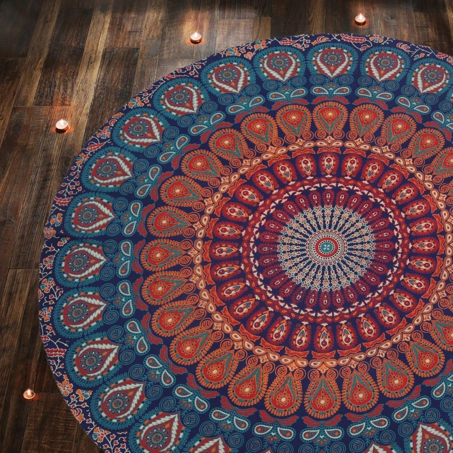 Arazzo rotondo pavone mandala centimetri tondo faccia hippie Home - Accessori e Decorazioni Naty Shop Blu dorato 122L X 122B Cm
