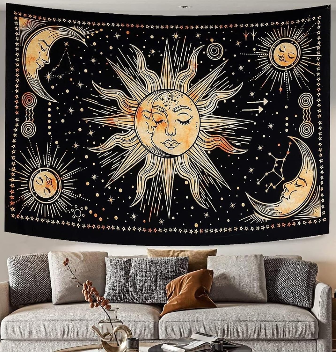 Arazzo Sole Luna Stella Spirituale Estetico Arcobaleno Cotone Home - Accessori e Decorazioni Naty Shop Giallo 210L X 140B Cm