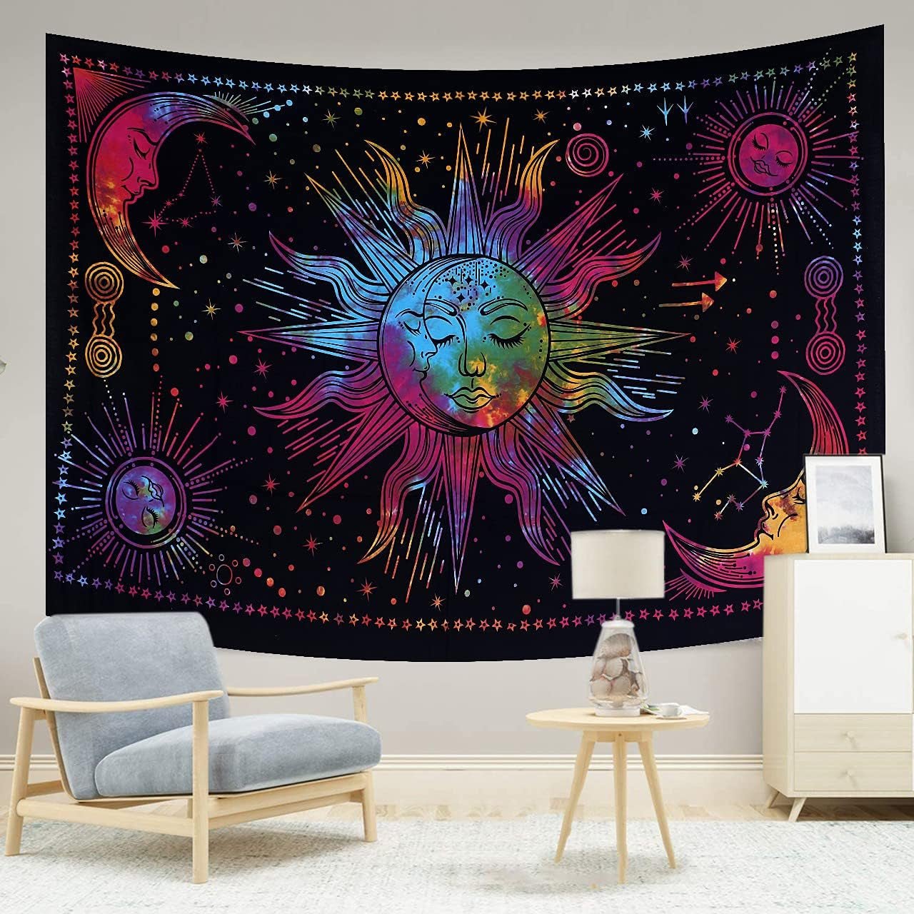 Arazzo Sole Luna Stella Spirituale Estetico Arcobaleno Cotone Home - Accessori e Decorazioni Naty Shop Arcobaleno 150L X 137B Cm
