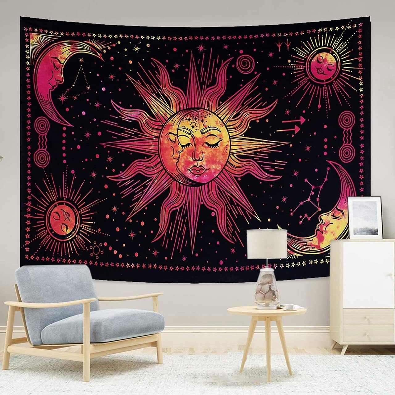 Arazzo Sole Luna Stella Spirituale Estetico Arcobaleno Cotone Home - Accessori e Decorazioni Naty Shop Rosso 210L X 140B Cm