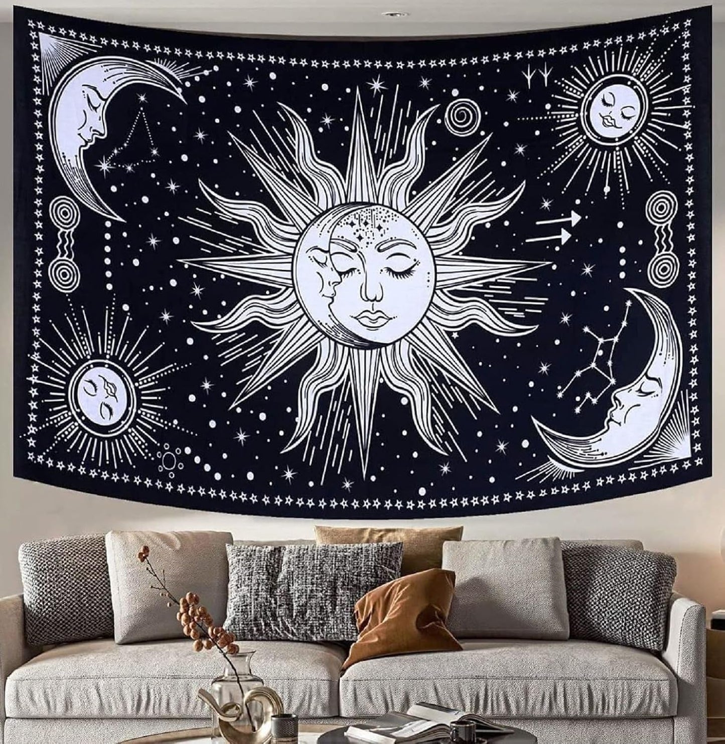 Arazzo Sole Luna Stella Spirituale Estetico Arcobaleno Cotone Home - Accessori e Decorazioni Naty Shop Nero / Bianco 102L X 77B Cm