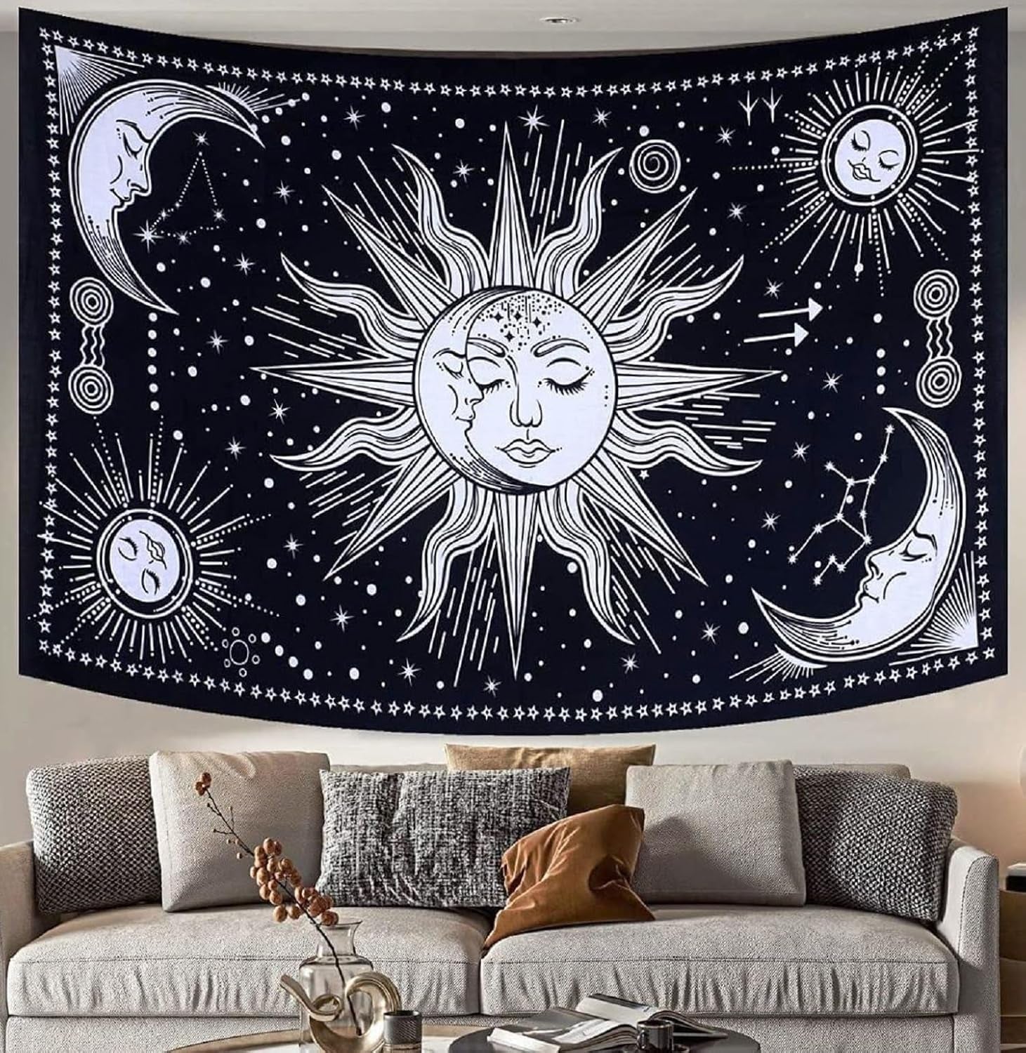 Arazzo Sole Luna Stella Spirituale Estetico Arcobaleno Cotone Home - Accessori e Decorazioni Naty Shop Nero / Bianco 102L X 77B Cm