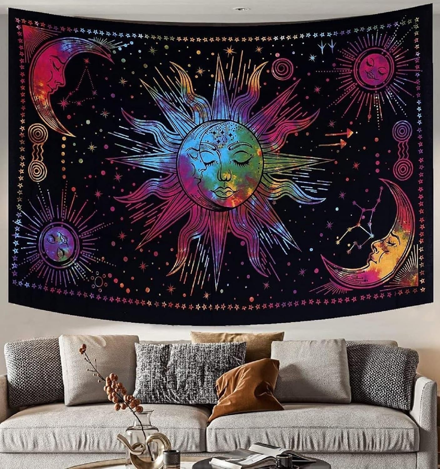 Arazzo Sole Luna Stella Spirituale Estetico Arcobaleno Cotone Home - Accessori e Decorazioni Naty Shop Arcobaleno 210L X 140B Cm
