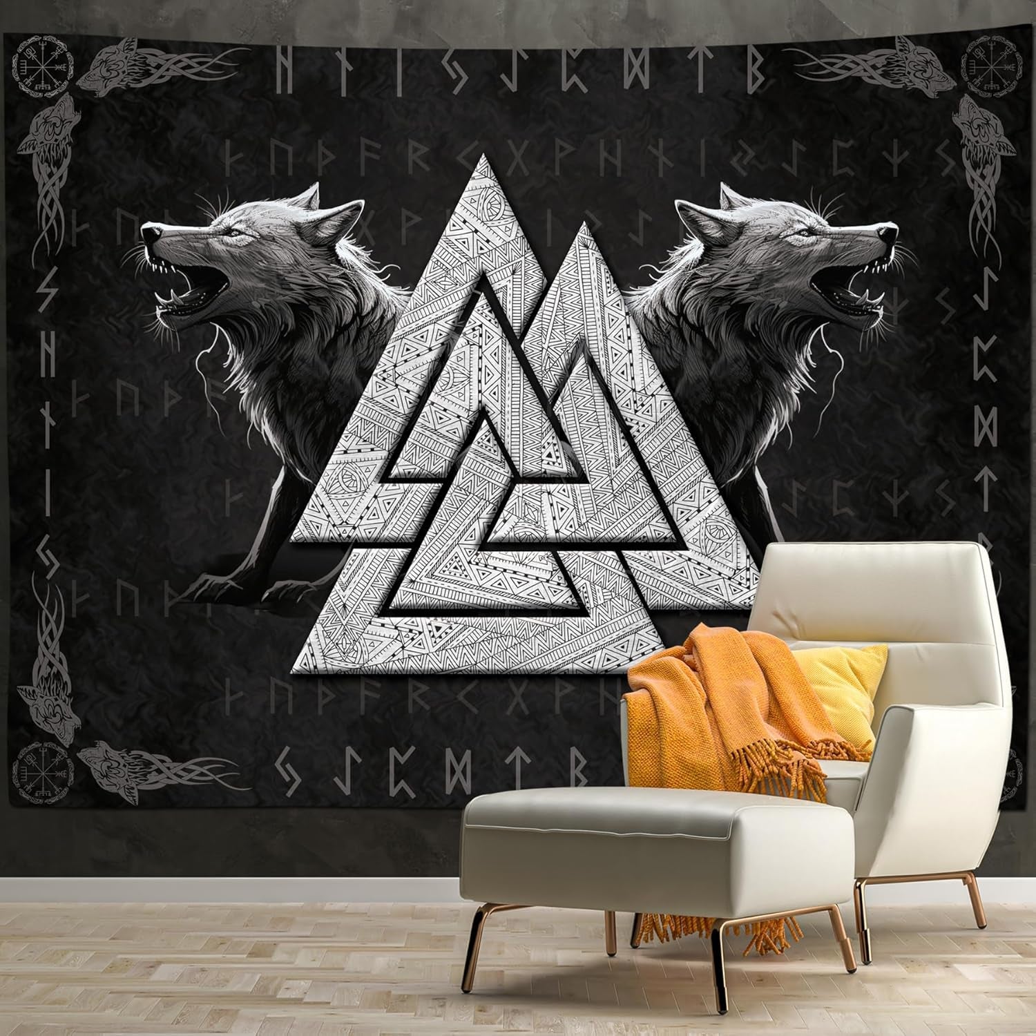 Arazzo vichingo lupo totem nero bianco meditazione rune Home - Accessori e Decorazioni Naty Shop