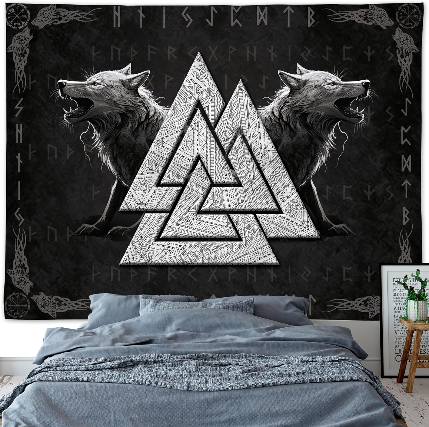 Arazzo vichingo lupo totem nero bianco meditazione rune Home - Accessori e Decorazioni Naty Shop