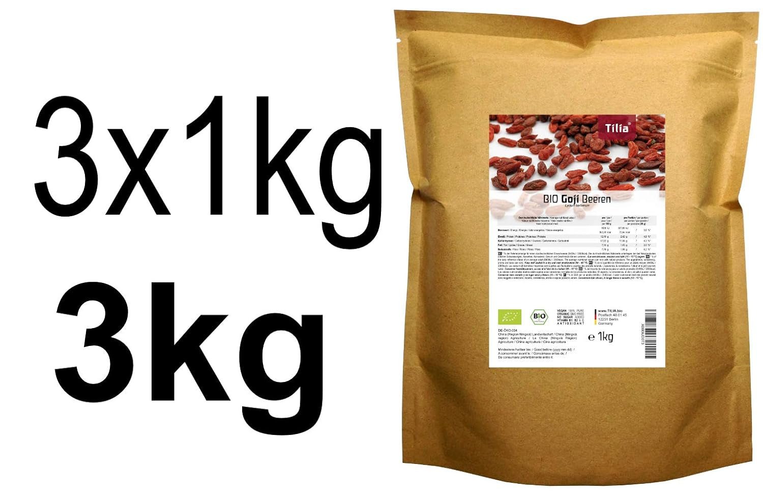 Bacche di Goji Tilia BIO 1 kg Naty Shop prodotti disidratati 1 kg (confezione da 3)