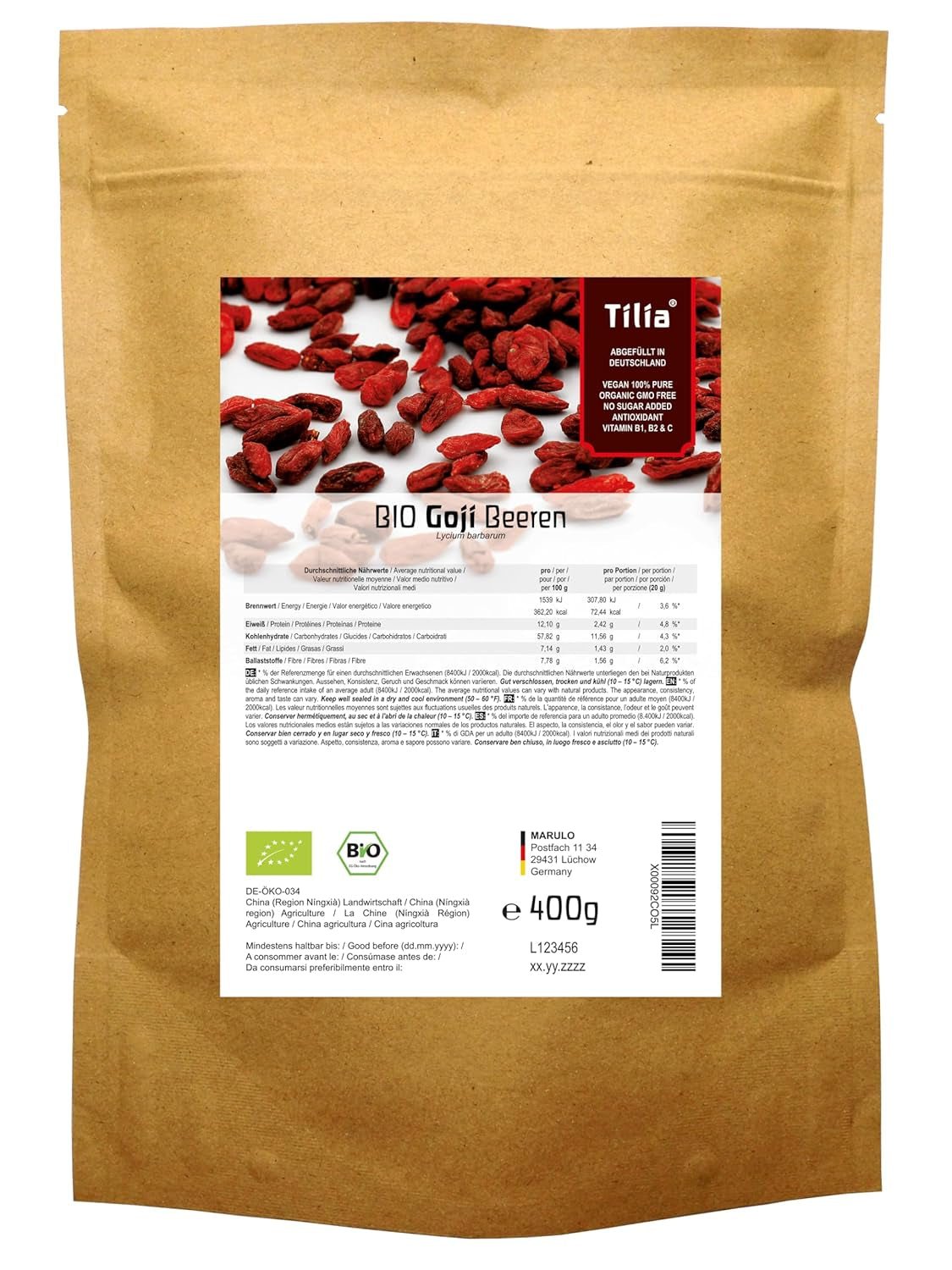 Bacche di Goji Tilia BIO 1 kg Naty Shop prodotti disidratati 400 G (1 confezione)