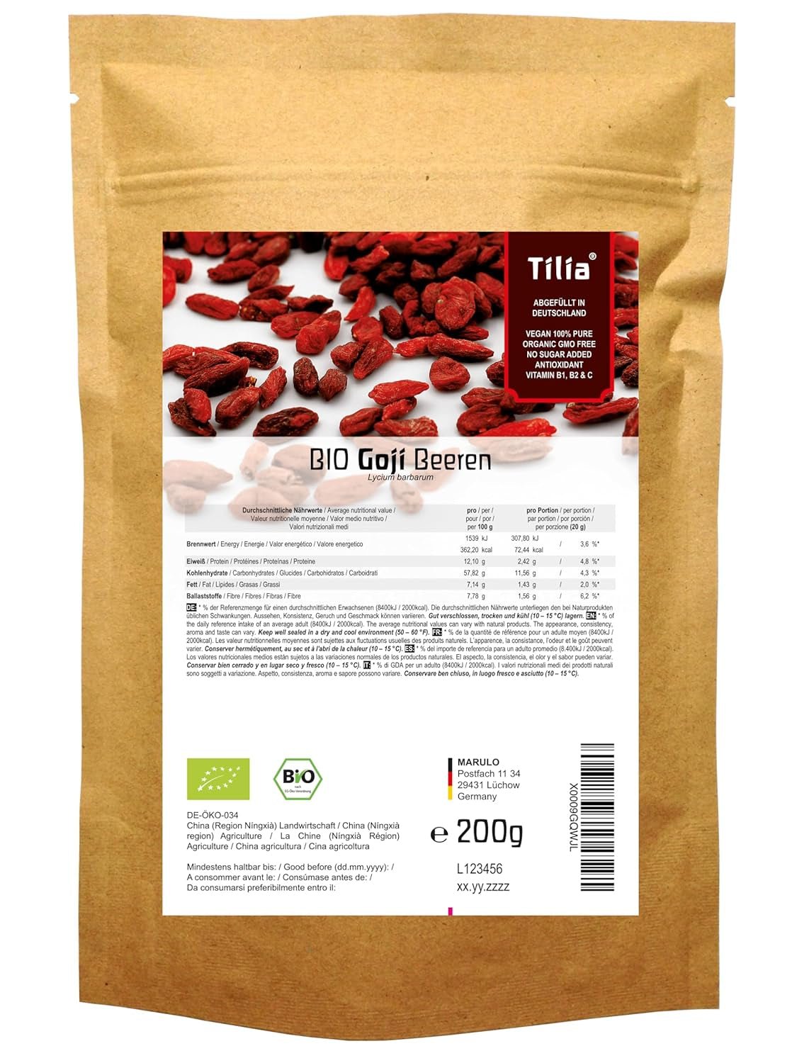 Tilia BIO Bacche di Goji 1 kg Naty Shop prodotti disidratati 200 G (1 confezione)