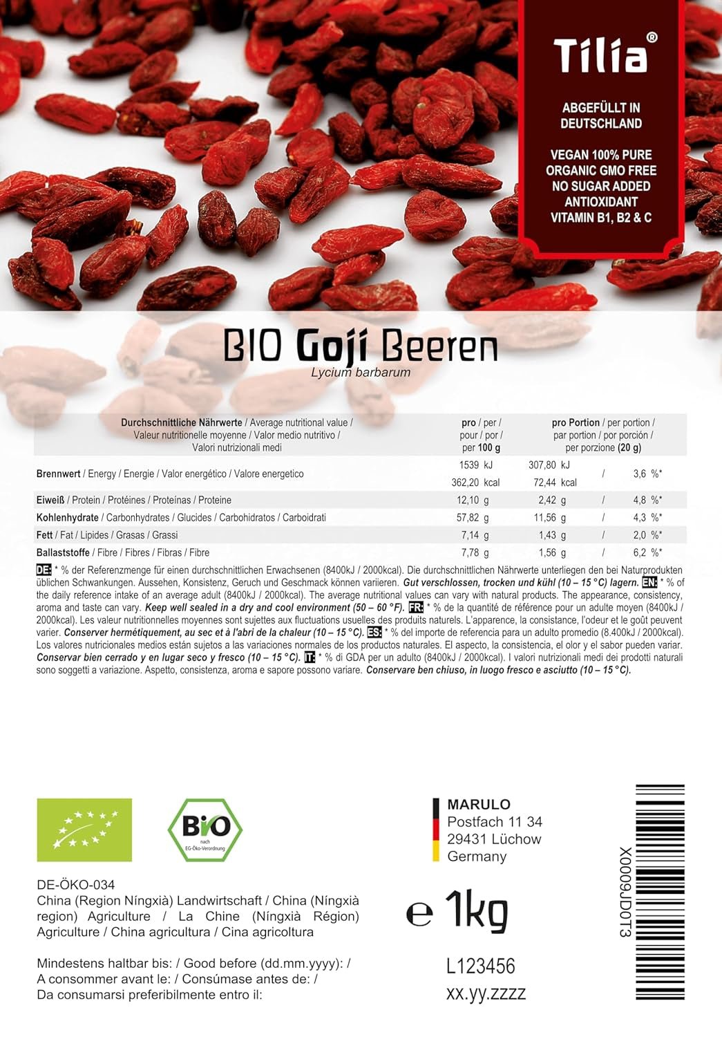 Tilia BIO Bacche di Goji 1 kg Prodotti disidratati Naty Shop
