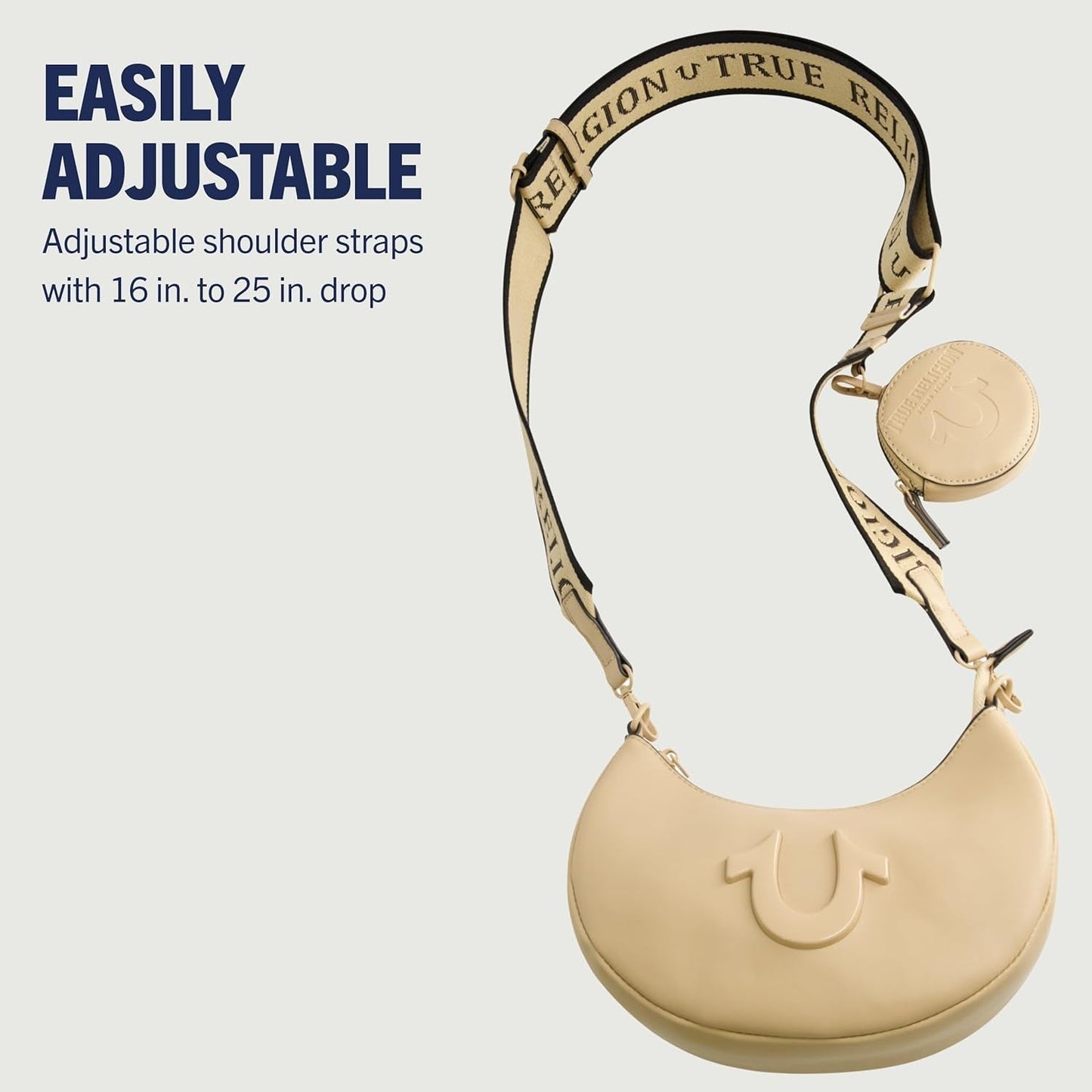 Borsa a tracolla da donna True Religion, borsa hobo a mezzaluna con tracolla regolabile e staccabile e logo a ferro di cavallo Borse da donna Naty Shop