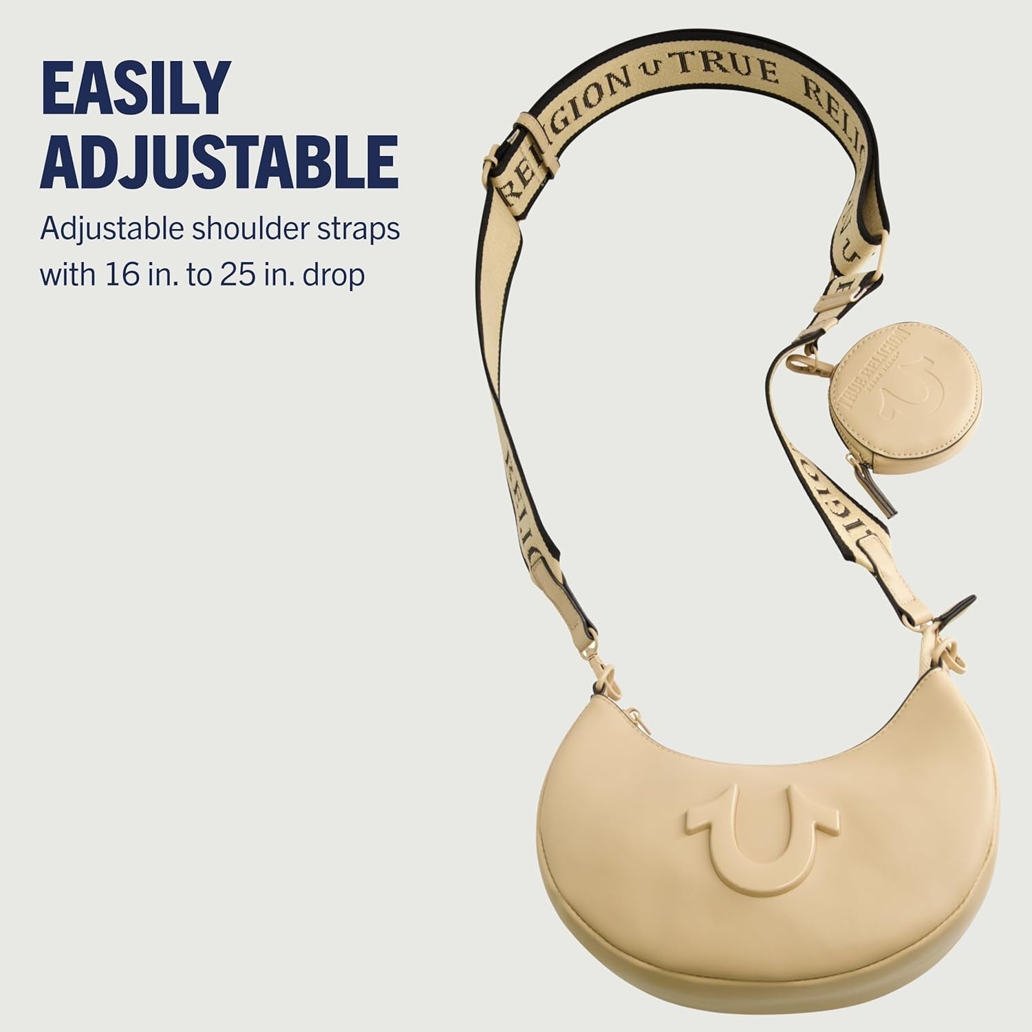 Borsa a tracolla da donna True Religion, borsa hobo a mezzaluna con tracolla regolabile e staccabile e logo a ferro di cavallo Borse da donna Naty Shop