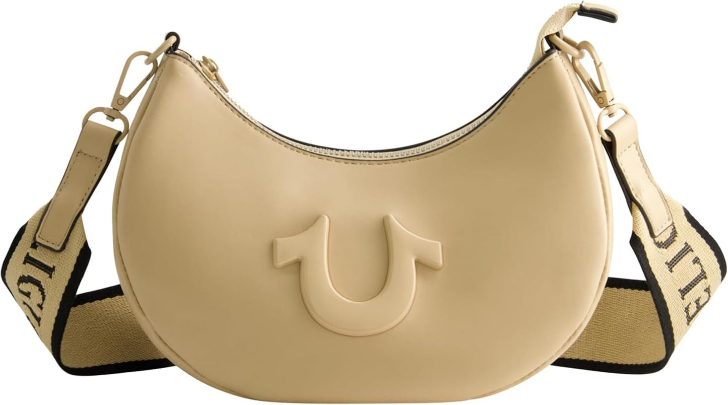 Borsa a tracolla da donna True Religion, borsa hobo a mezzaluna con tracolla regolabile e staccabile e logo a ferro di cavallo Borse da donna Naty Shop Camel