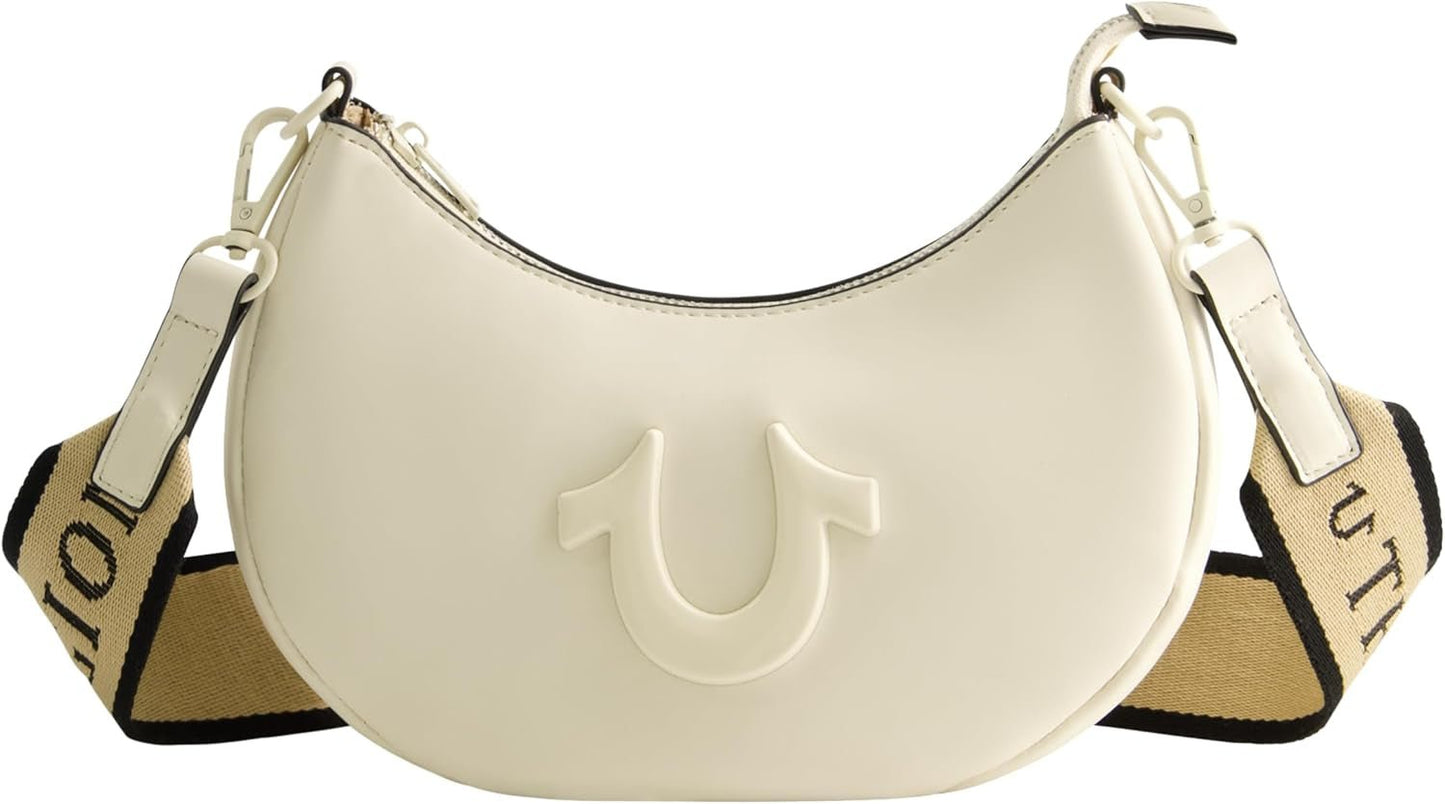 Borsa a tracolla da donna True Religion, borsa hobo a mezzaluna con tracolla regolabile e staccabile e logo a ferro di cavallo Borse da donna Naty Shop Avorio