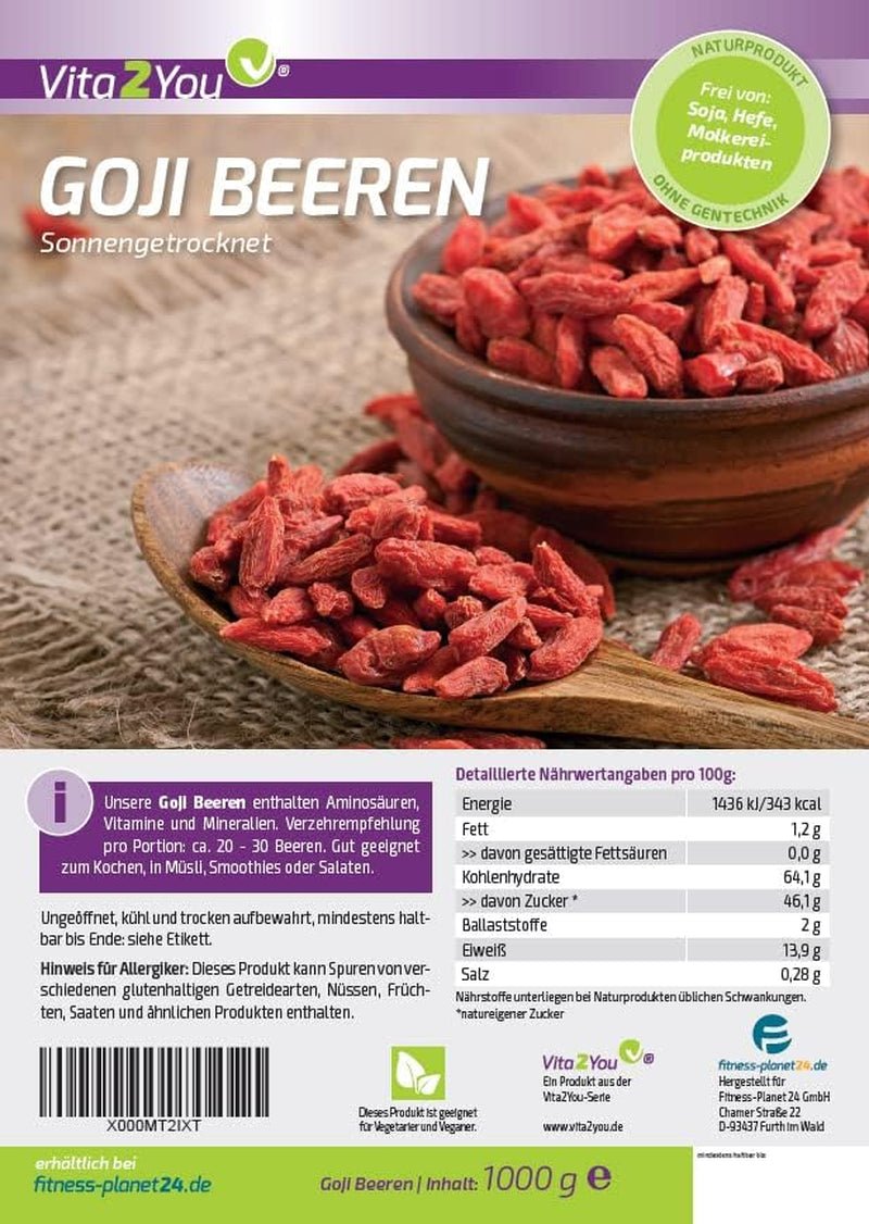 Vita2You Bacche di Goji 1kg - bacche wolfberry - essiccate al sole - non solforate e senza additivi - 1000g - busta con zip - qualità premium Prodotti disidratati Naty Shop
