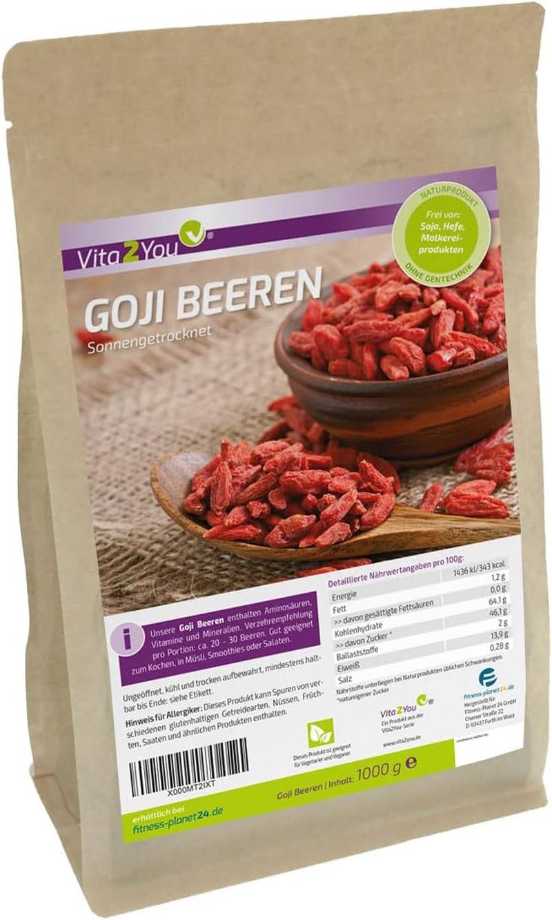 Vita2You Bacche di Goji 1kg - bacche wolfberry - essiccate al sole - non solforate e senza additivi - 1000g - busta con zip - qualità premium Prodotti disidratati Naty Shop Default title