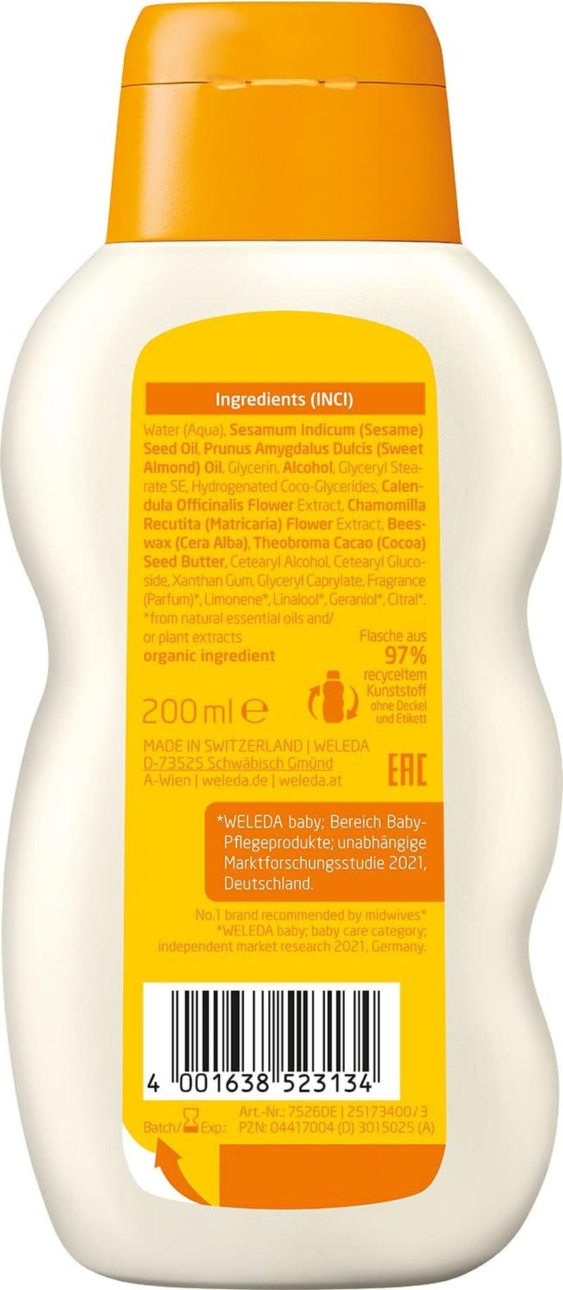 WELEDA Latte curativo alla calendula per bambini biologico - Lozione cosmetica naturale per il corpo con olio di mandorle e cera d'api per la cura e la pulizia della pelle secca del bambino. Lozione delicata per la cura della pelle di neonati e bambini (1x 200ml) Bambini - Bagno e Cura della Pelle Naty Shop