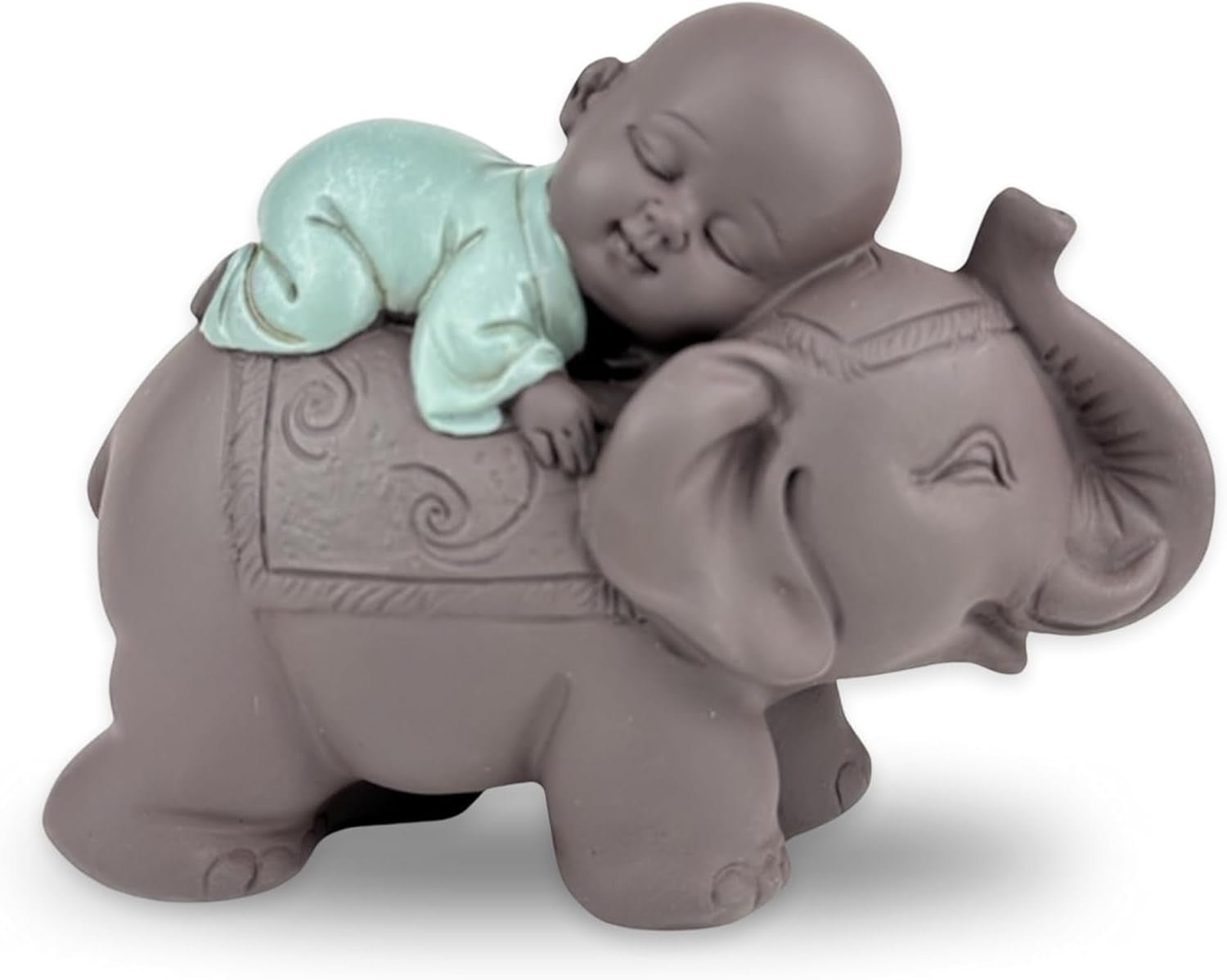 Zen'Light Statua Buddha Bonzo che dorme sull'Elefante - Atmosfera Zen nel tuo spazio sacro - bellissima figura di buon auspicio -H 9,5 cm, Marrone e Verde Statue e sculture Naty Shop Titolo predefinito