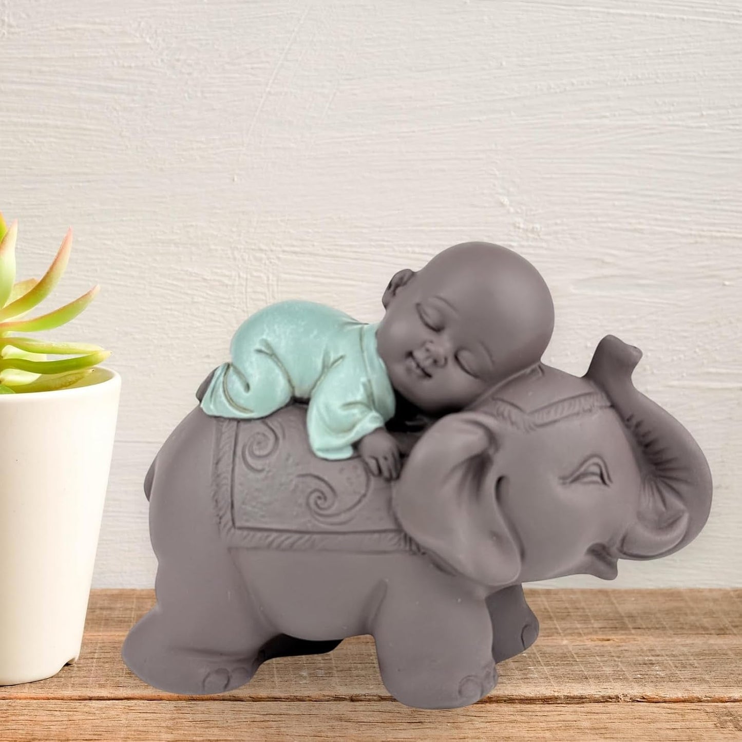 Zen'Light Statua Buddha Bonzo che dorme sull'Elefante - Atmosfera Zen nel tuo spazio sacro - bellissima figura di buon auspicio -H 9,5 cm, Marrone e Verde Statue e sculture Naty Shop