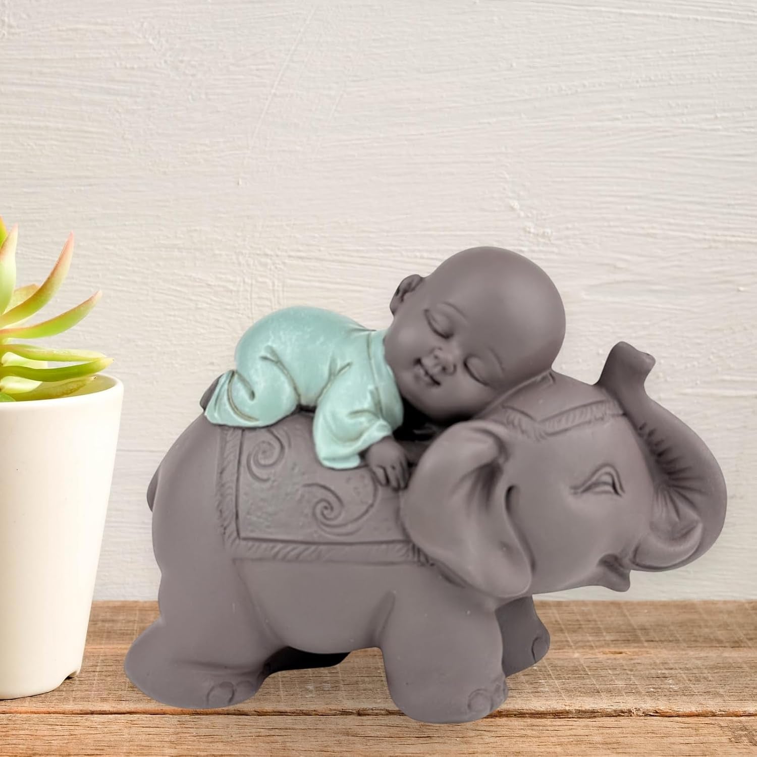 Zen'Light Statua Buddha Bonzo che dorme sull'Elefante - Atmosfera Zen nel tuo spazio sacro - bellissima figura di buon auspicio -H 9,5 cm, Marrone e Verde Statue e sculture Naty Shop
