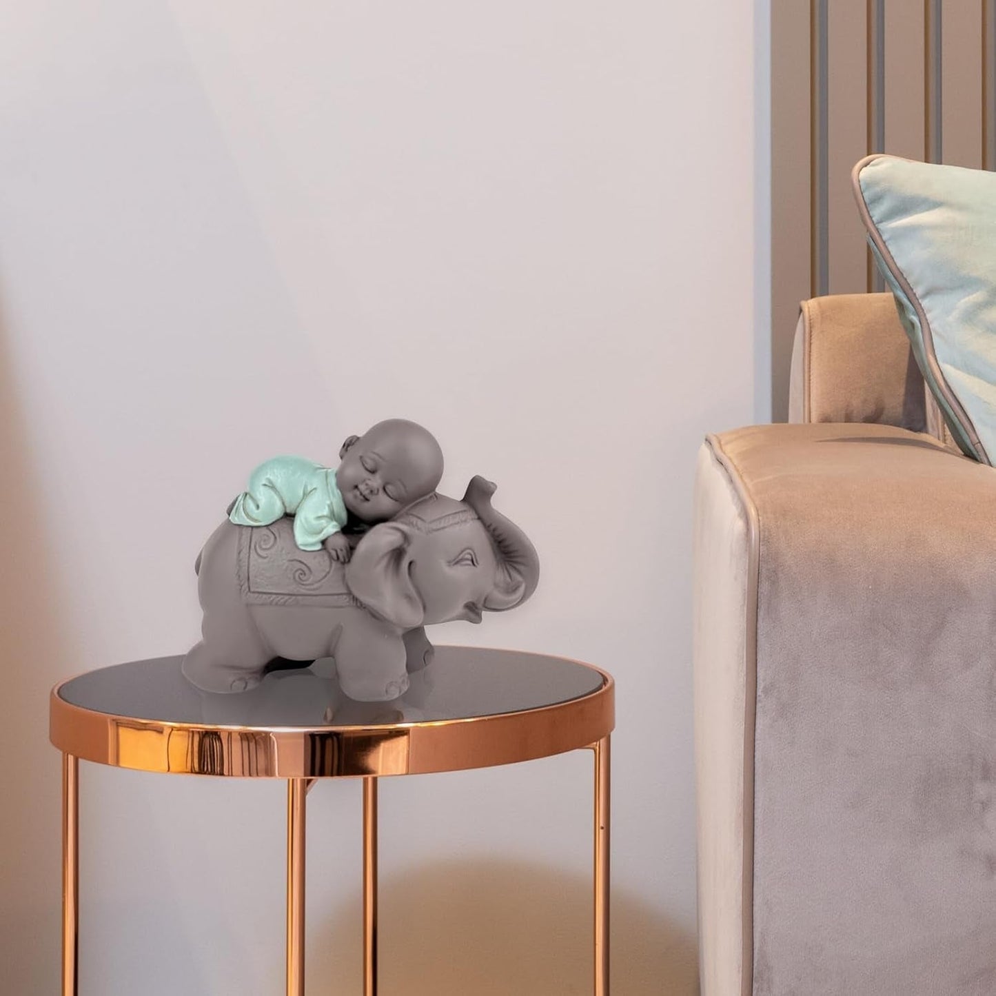 Zen'Light Statua Buddha Bonzo che dorme sull'Elefante - Atmosfera Zen nel tuo spazio sacro - bellissima figura di buon auspicio -H 9,5 cm, Marrone e Verde Statue e sculture Naty Shop