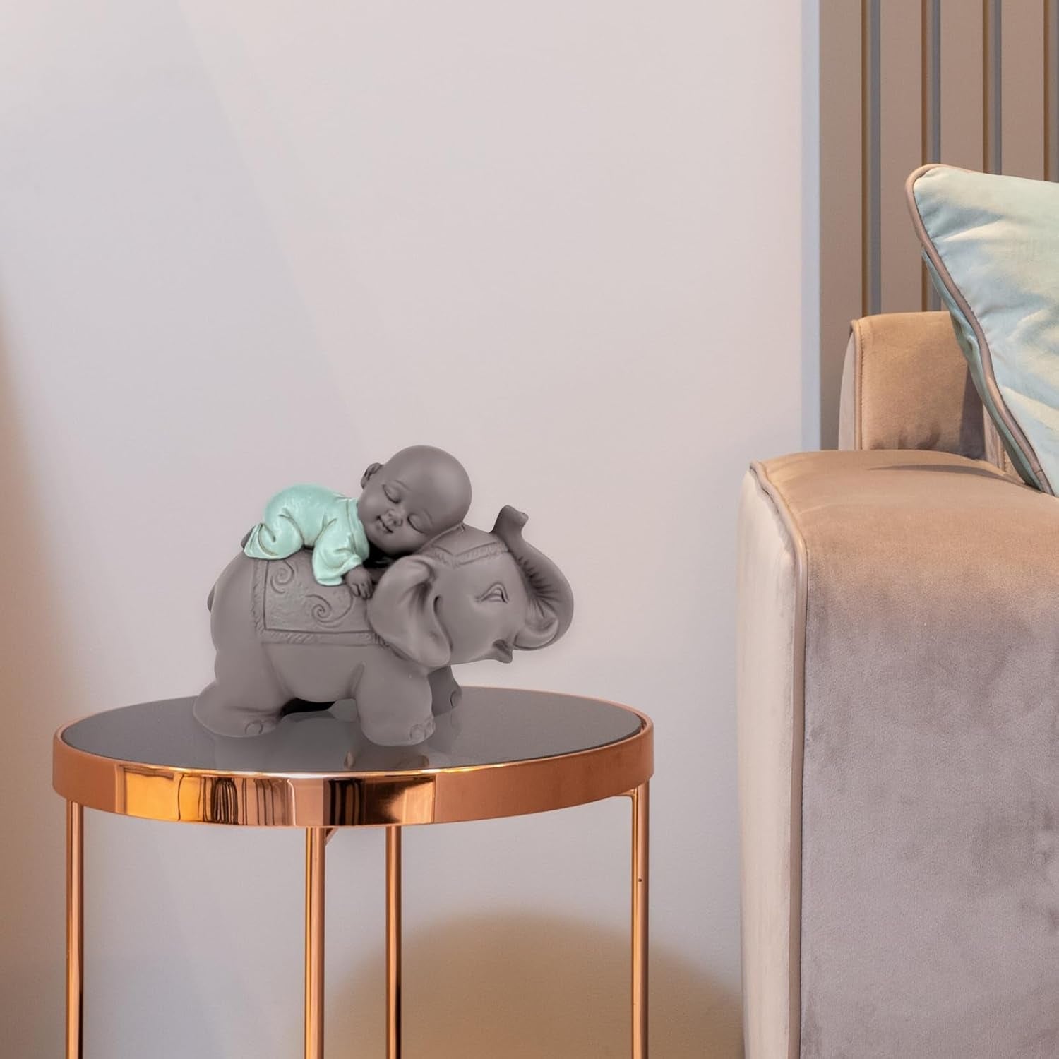 Zen'Light Statua Buddha Bonzo che dorme sull'Elefante - Atmosfera Zen nel tuo spazio sacro - bellissima figura di buon auspicio -H 9,5 cm, Marrone e Verde Statue e sculture Naty Shop