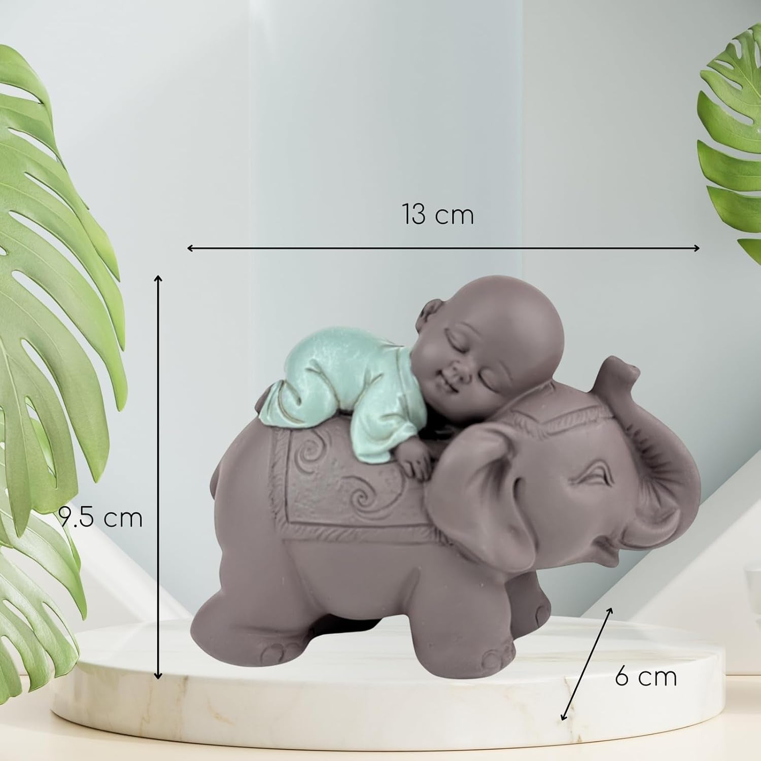 Zen'Light Statua Buddha Bonzo che dorme sull'Elefante - Atmosfera Zen nel tuo spazio sacro - bellissima figura di buon auspicio -H 9,5 cm, Marrone e Verde Statue e sculture Naty Shop