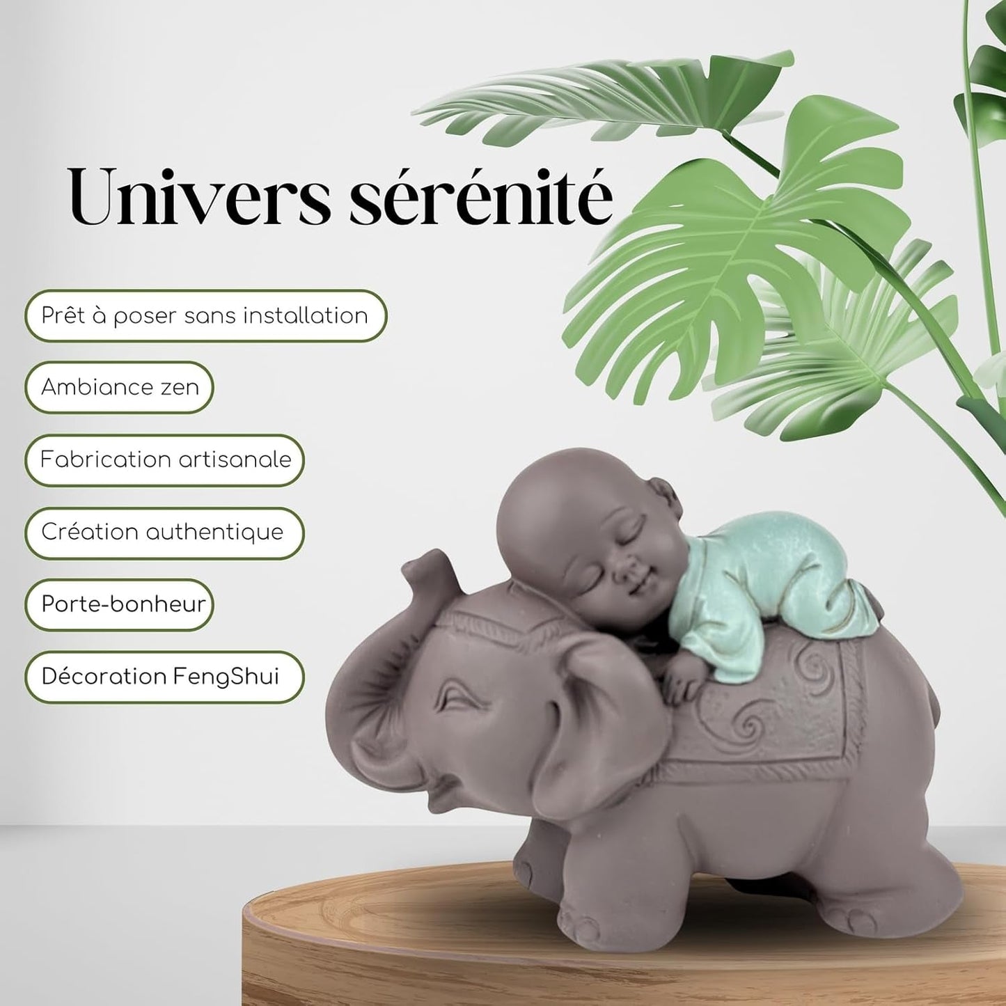 Zen'Light Statua Buddha Bonzo che dorme sull'Elefante - Atmosfera Zen nel tuo spazio sacro - bellissima figura di buon auspicio -H 9,5 cm, Marrone e Verde Statue e sculture Naty Shop