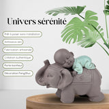 Zen'Light Statua Buddha Bonzo che dorme sull'Elefante - Atmosfera Zen nel tuo spazio sacro - bellissima figura di buon auspicio -H 9,5 cm, Marrone e Verde Statue e sculture Naty Shop