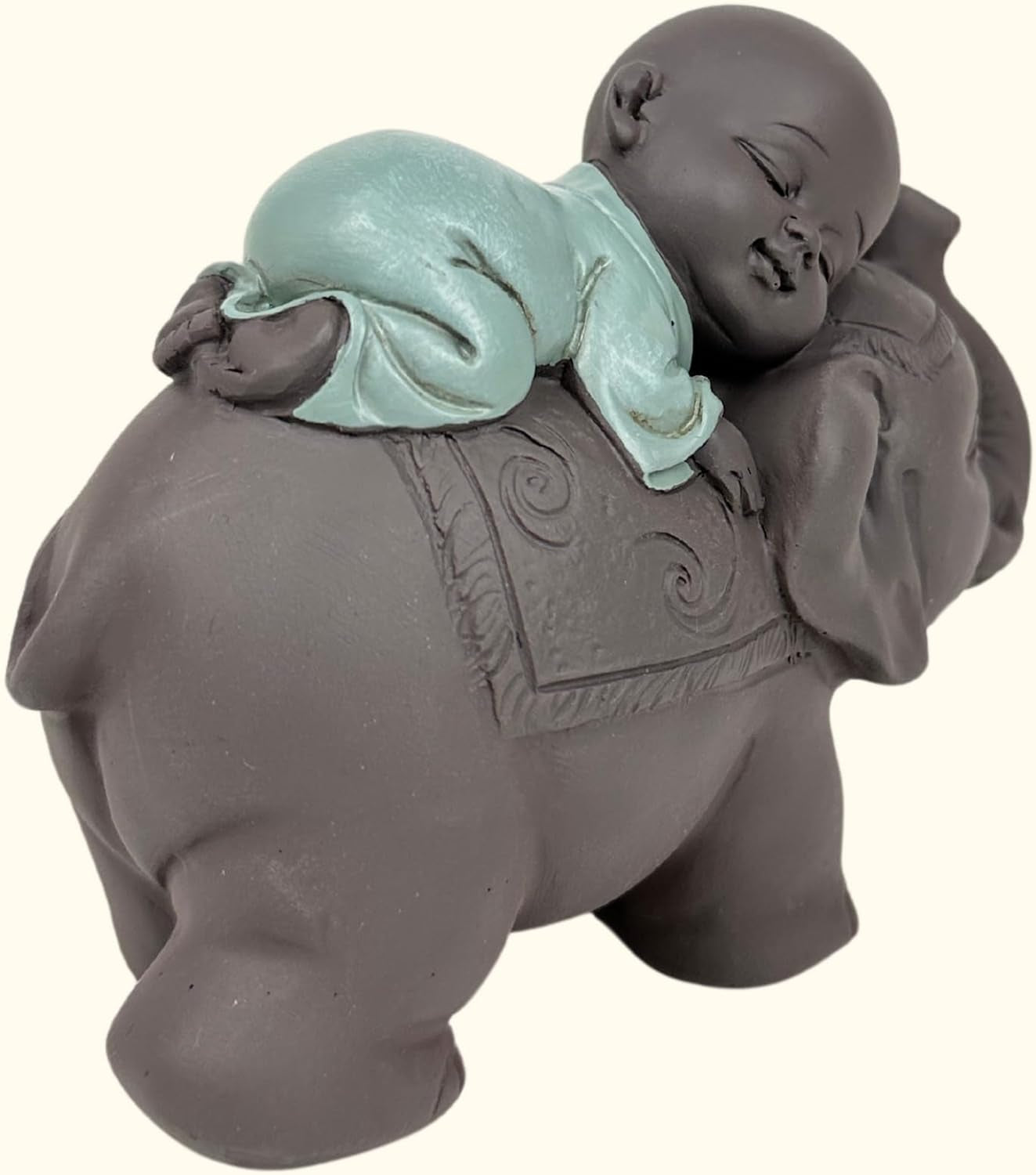 Zen'Light Statua Buddha Bonzo che dorme sull'Elefante - Atmosfera Zen nel tuo spazio sacro - bellissima figura di buon auspicio -H 9,5 cm, Marrone e Verde Statue e sculture Naty Shop