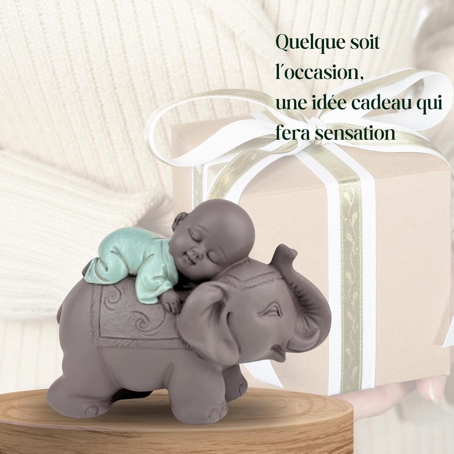 Zen'Light Statua Buddha Bonzo che dorme sull'Elefante - Atmosfera Zen nel tuo spazio sacro - bellissima figura di buon auspicio -H 9,5 cm, Marrone e Verde Statue e sculture Naty Shop