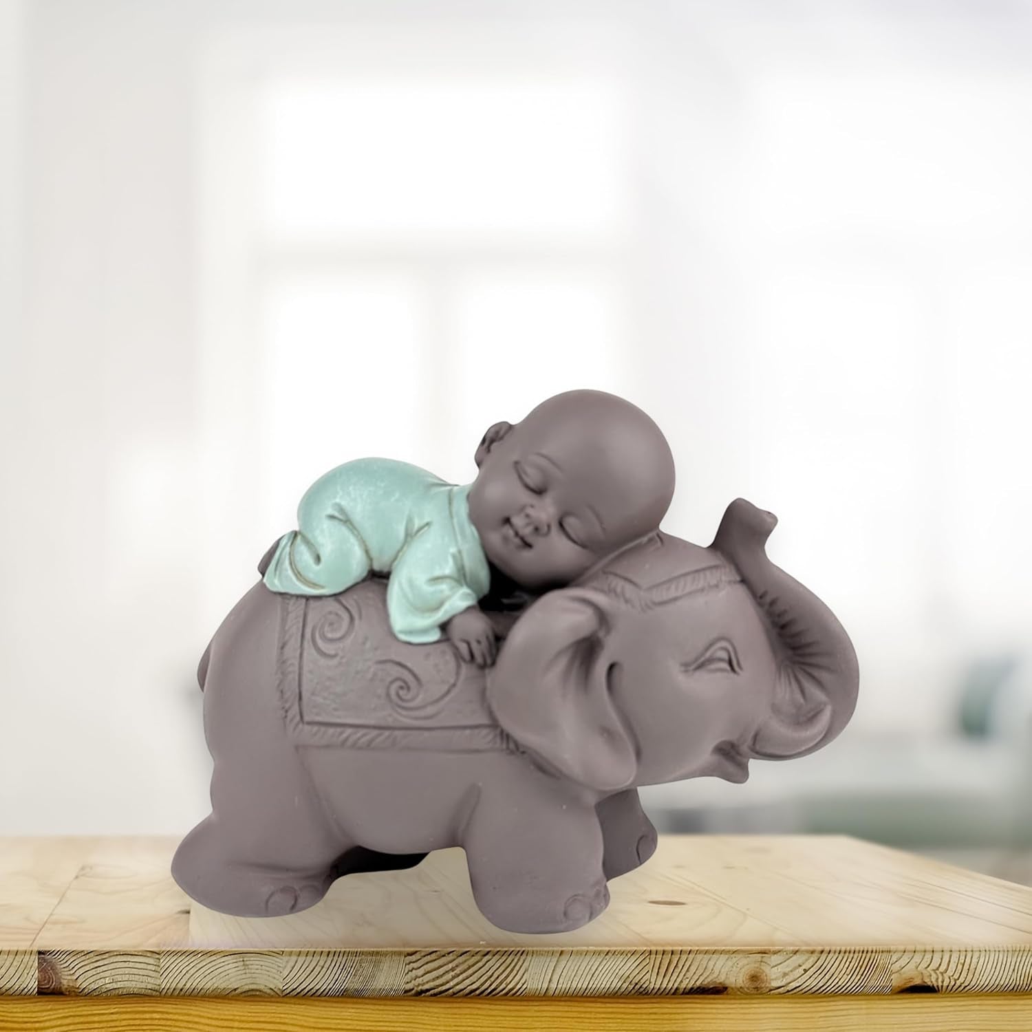 Zen'Light Statua Buddha Bonzo che dorme sull'Elefante - Atmosfera Zen nel tuo spazio sacro - bellissima figura di buon auspicio -H 9,5 cm, Marrone e Verde Statue e sculture Naty Shop