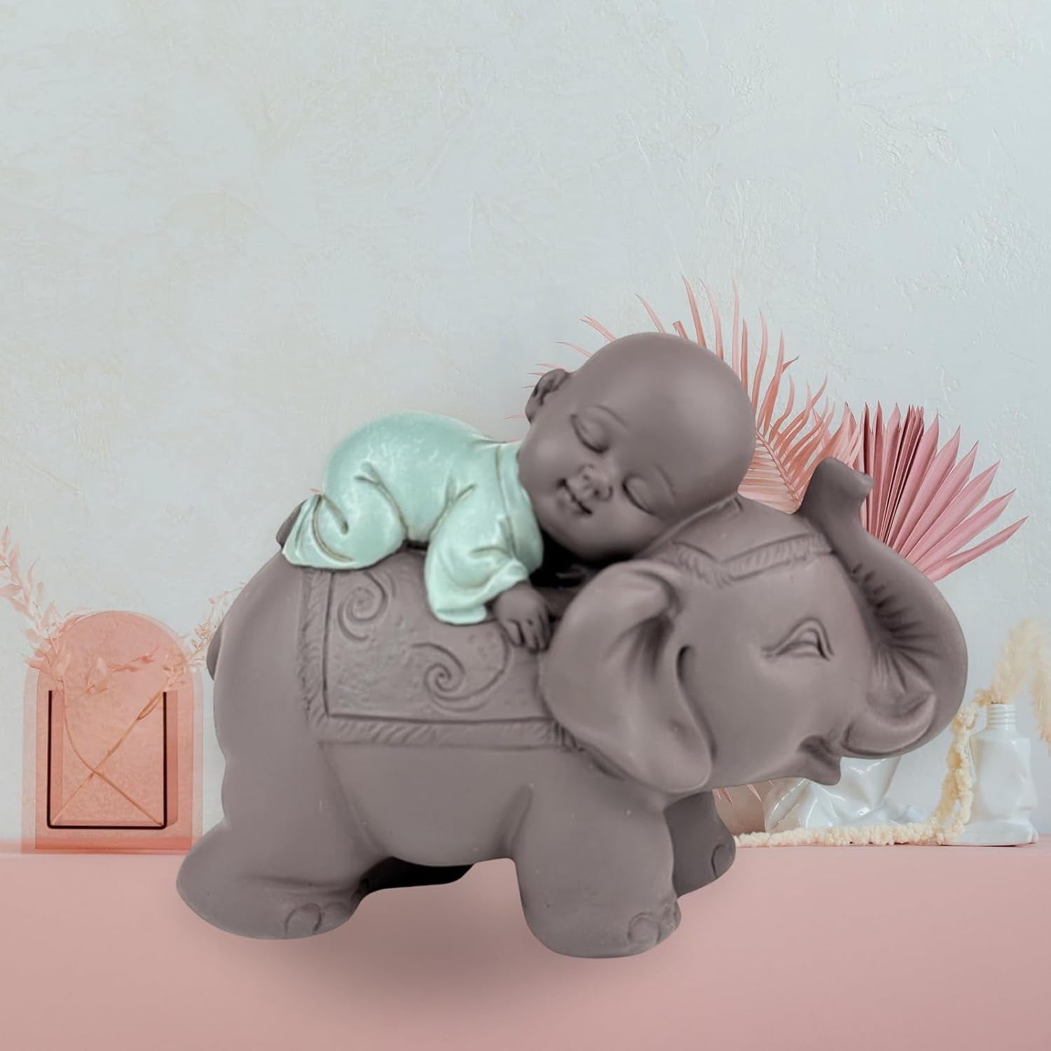 Zen'Light Statua Buddha Bonzo che dorme sull'Elefante - Atmosfera Zen nel tuo spazio sacro - bellissima figura di buon auspicio -H 9,5 cm, Marrone e Verde Statue e sculture Naty Shop